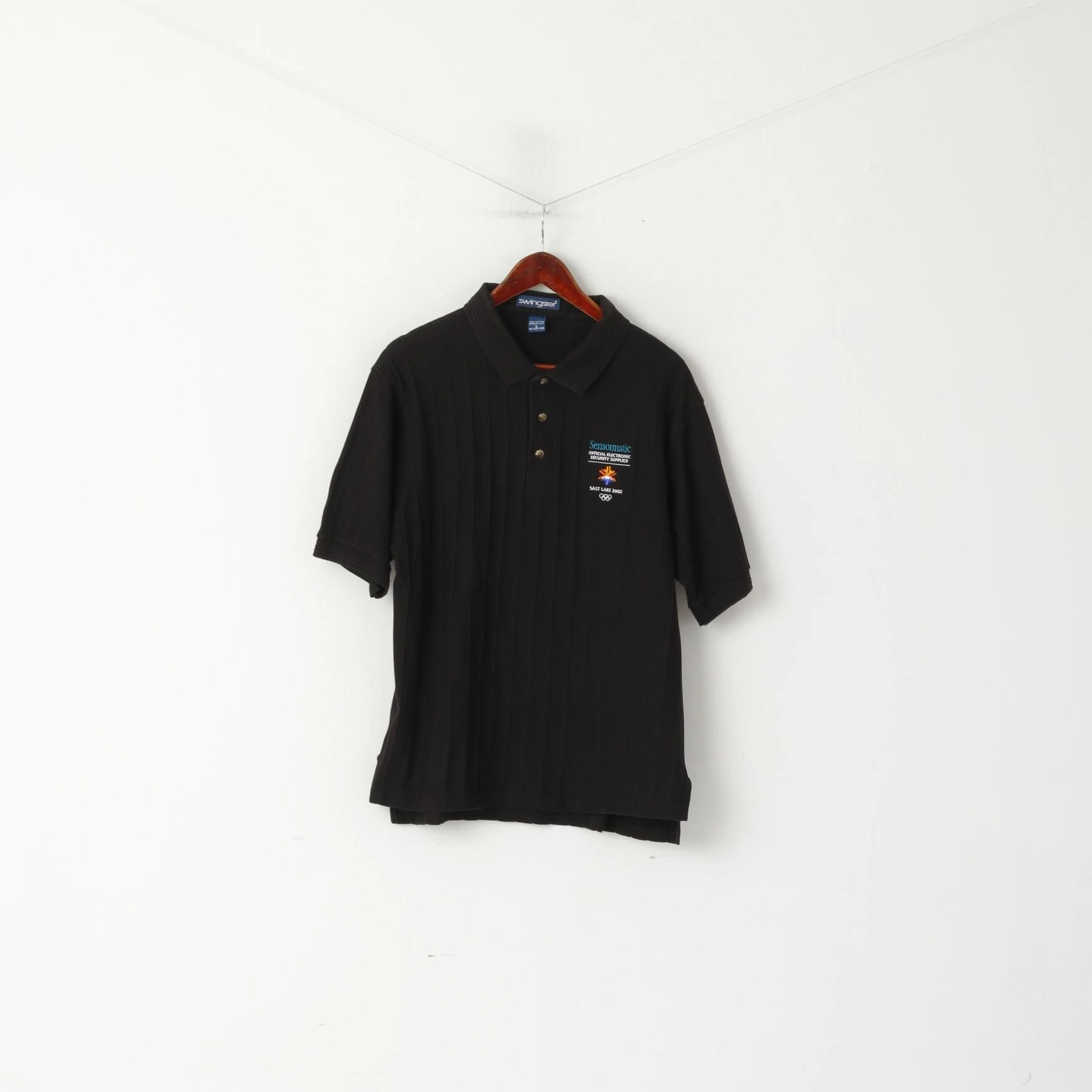 UltraLightweight Swingster Men L Polo Shirt Black Cotton Salt Lake City 2002 Olympic Short Sleeve Top
