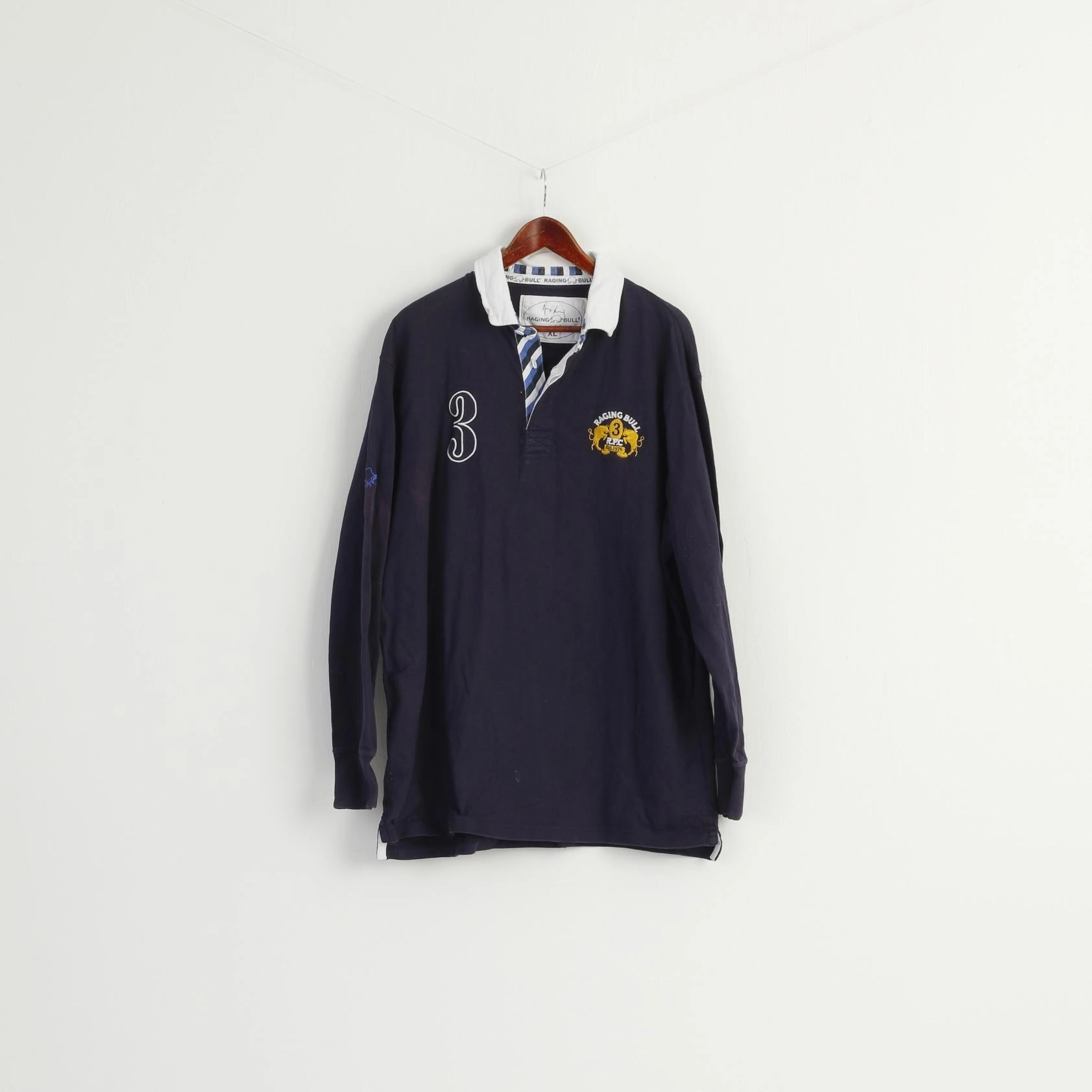 Raging Bull Men XL Polo Shirt Navy Cotton Long Sleeve Number 3 RFC Sport Top Simple and Cozy