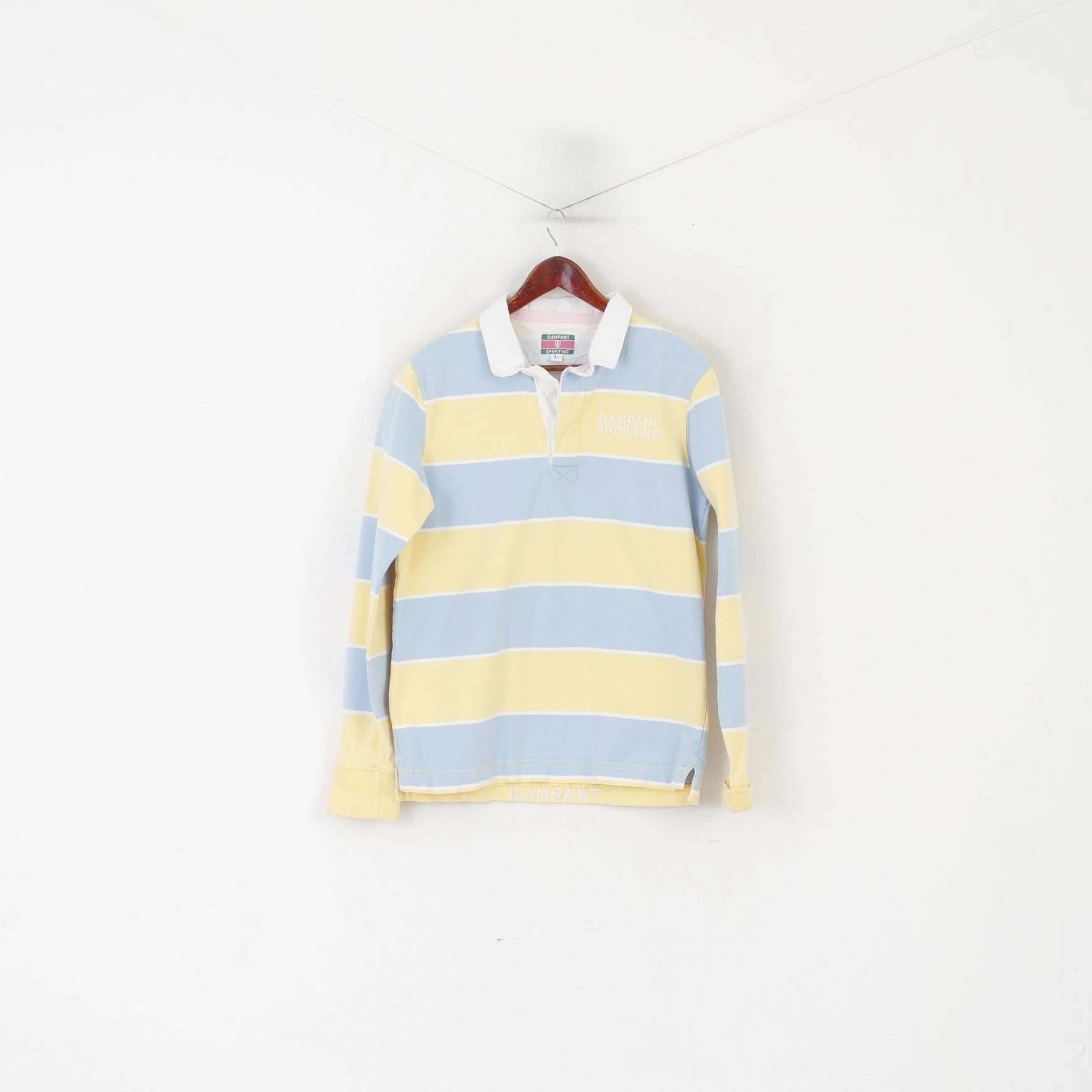 UVProtectionFinish Reinforced Neckline Rampant Sporting Men L (M) Polo Shirt Yellow Blue Striped Cotton Long Sleeve Top