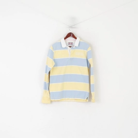 UVProtectionFinish Reinforced Neckline Rampant Sporting Men L (M) Polo Shirt Yellow Blue Striped Cotton Long Sleeve Top