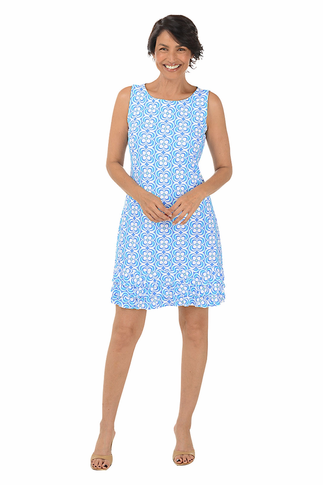 Bold Simplicity Periwinkle Optical Daisy UPF50  Ruffle Dress