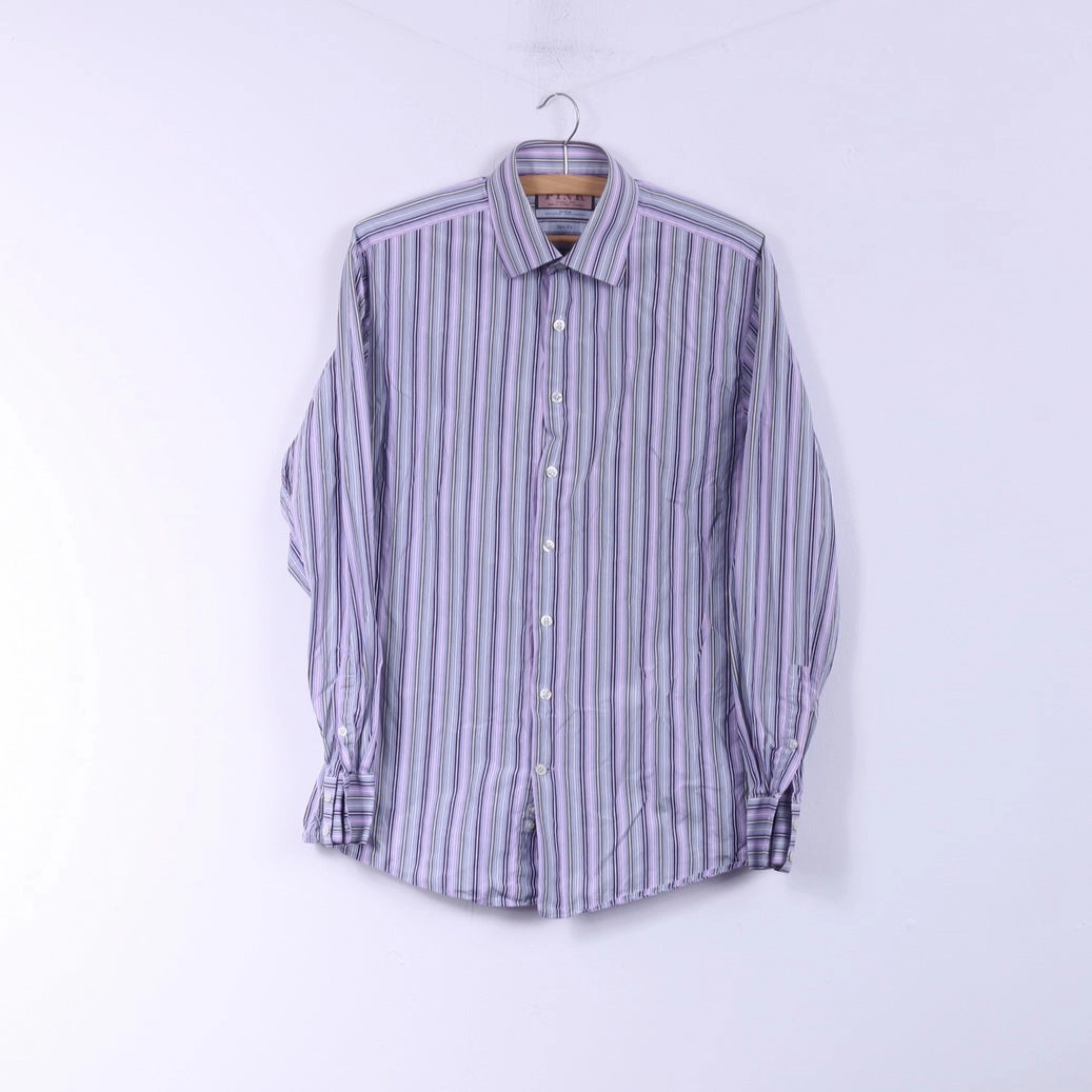 Thomas Pink Men 15.5 39 S/M Casual Shirt Pink Striped Slim Fit Cotton Long Sleeve Top Classic Chic