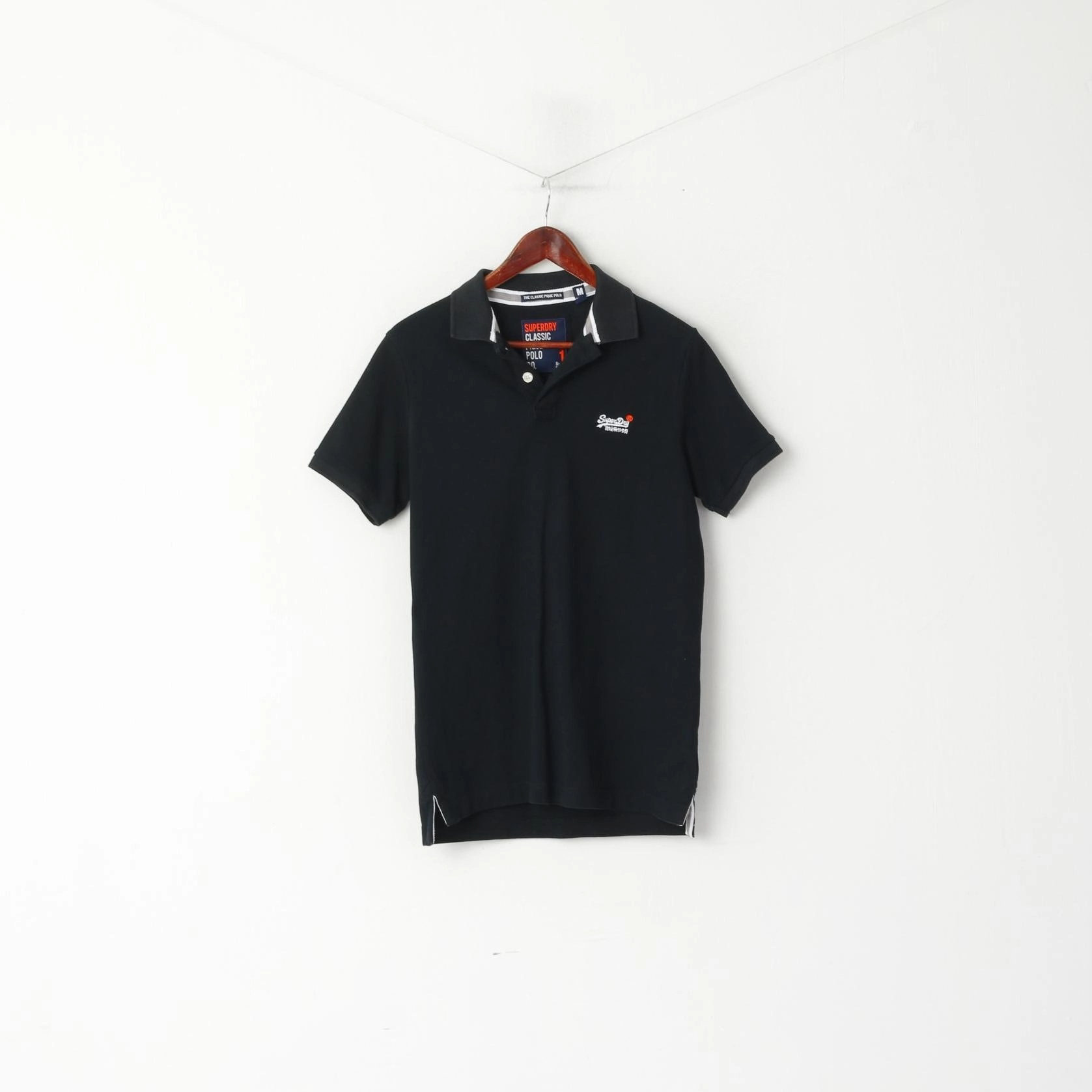 Superdry Men M Polo Shirt Black Classic Pique Detailed BUttons Short Sleeve Top Breathable Comfort Fit Classic Wear