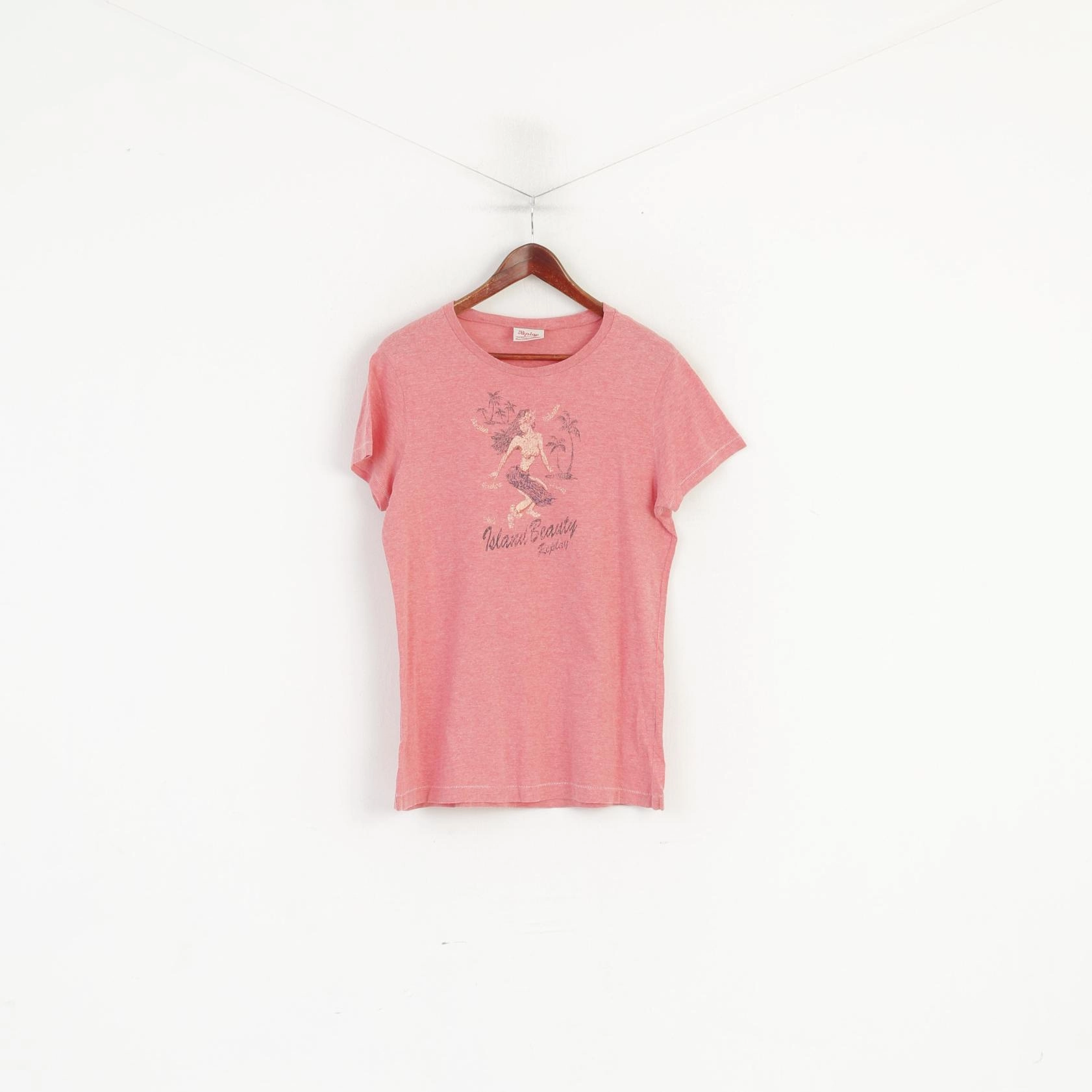 Double Stitched Hem Replay Men L Shirt Pink Cotton Island Beauty Graphic Slim Fit  Crew Neck Top