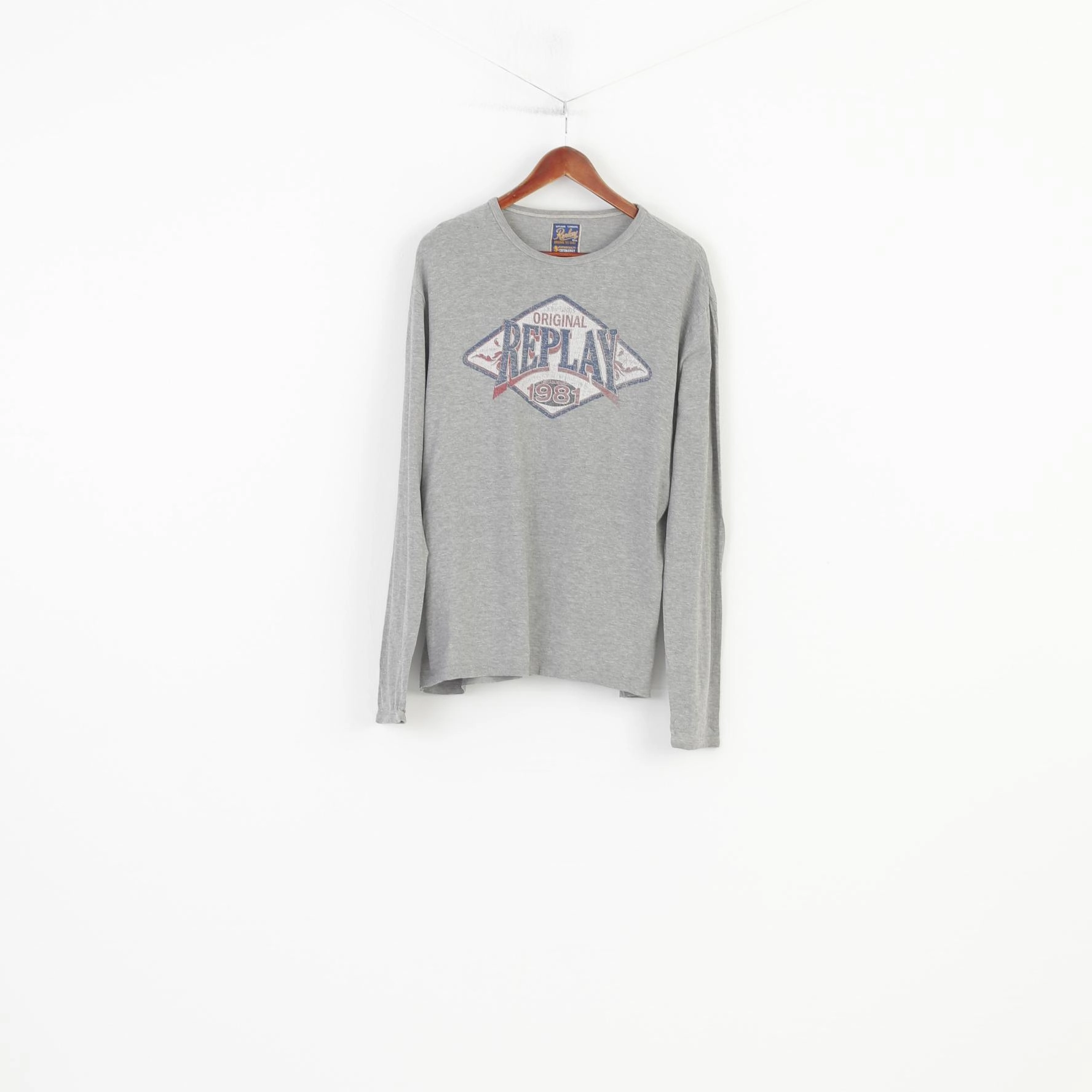 Light Design Replay Men XL Shirt Long Sleeve Cotton Grey Logo Casual Fit Sportswear Top