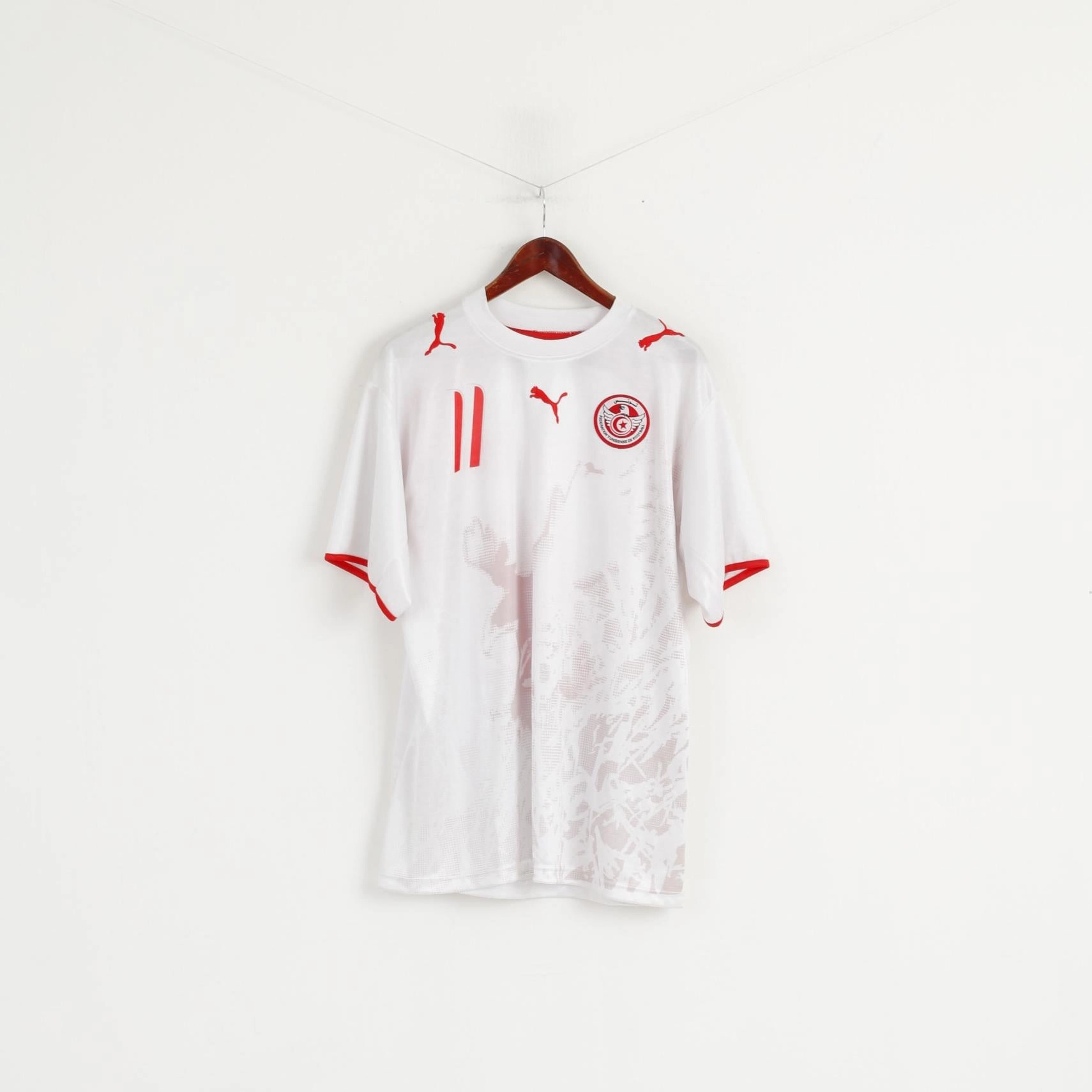 Puma Federation Tunisienne Men XXL Shirt White Football Dos Santos #11 Jersey Retro Style Layered Collar Structure