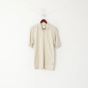 Adidas Men 38/40 M Polo Shirt Beige Cotton Vintage Classic Plain Short Sleeve Top LowImpactDye Trendy Tops