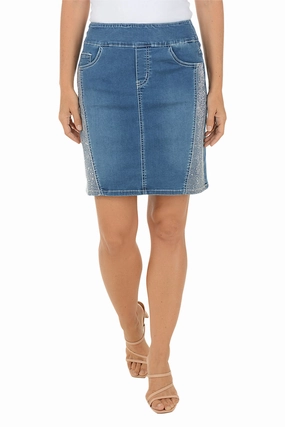 Rhinestone Contour Light Denim Pull-On Skirt Flexible stretch