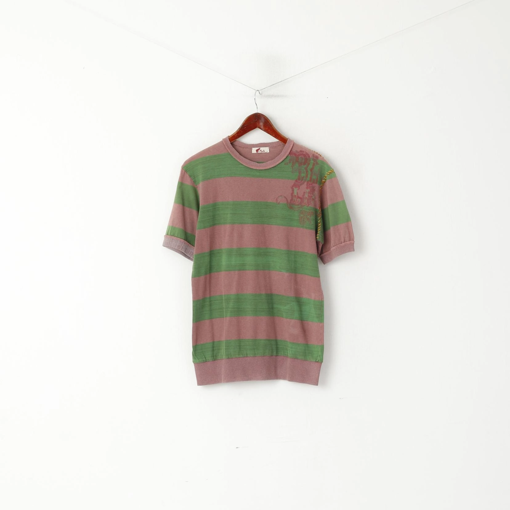 Weekend Smart Look Active Look Rule Men L (M) Shirt Green Purple Striped Cotton Vintage Detailed Short Sleeve Top