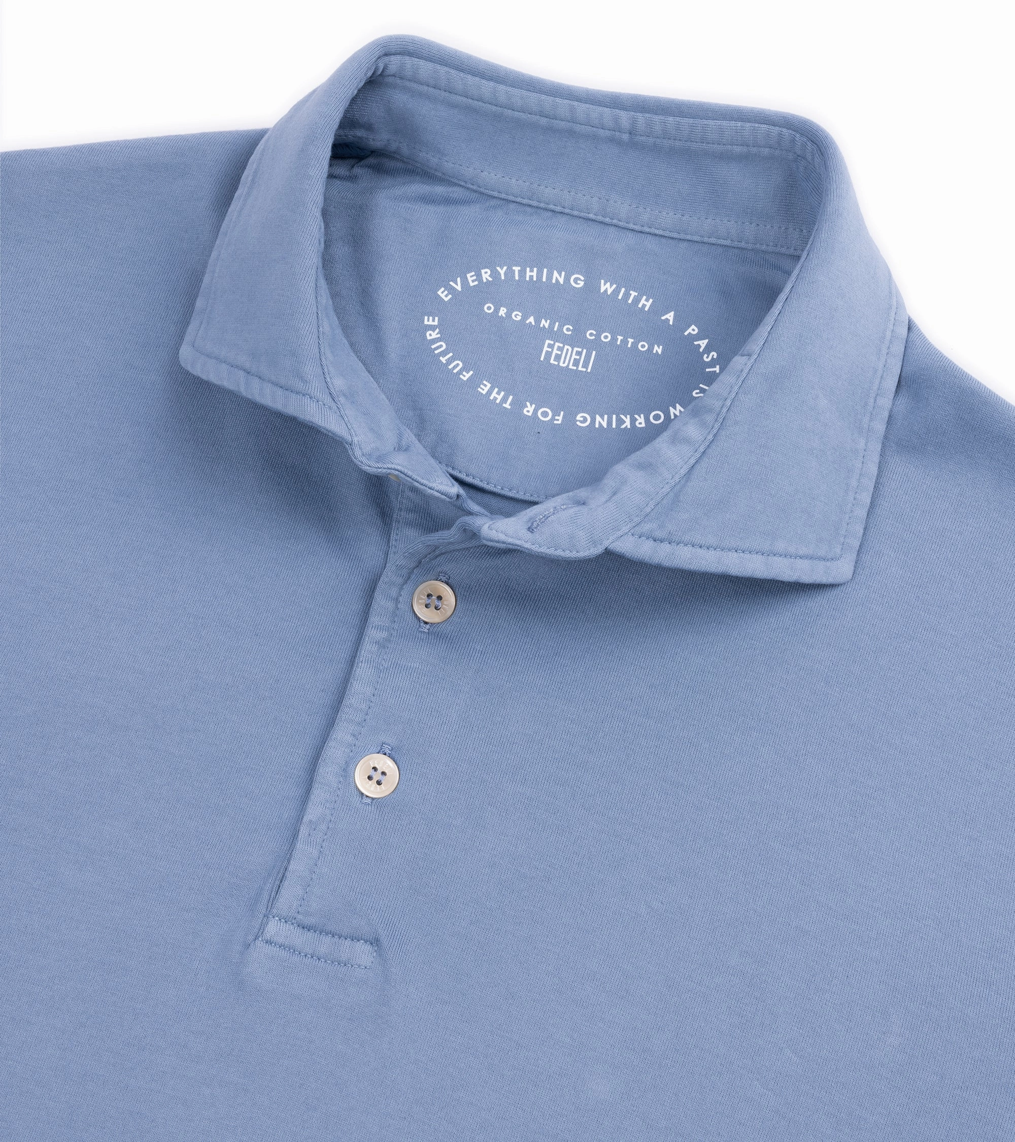 Fedeli Zero Organic Cotton Jersey Long Sleeve Polo Shirt: Steel Blue Stylish Collar