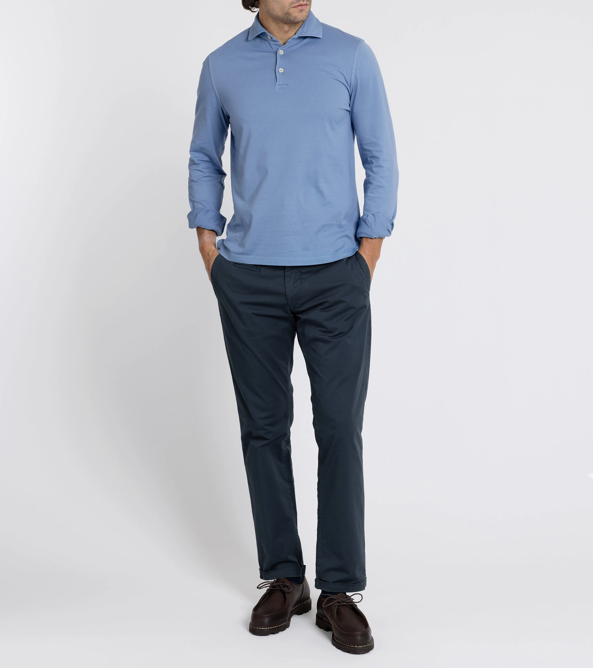 Fedeli Zero Organic Cotton Jersey Long Sleeve Polo Shirt: Steel Blue Premium Top Mesh Lined Back