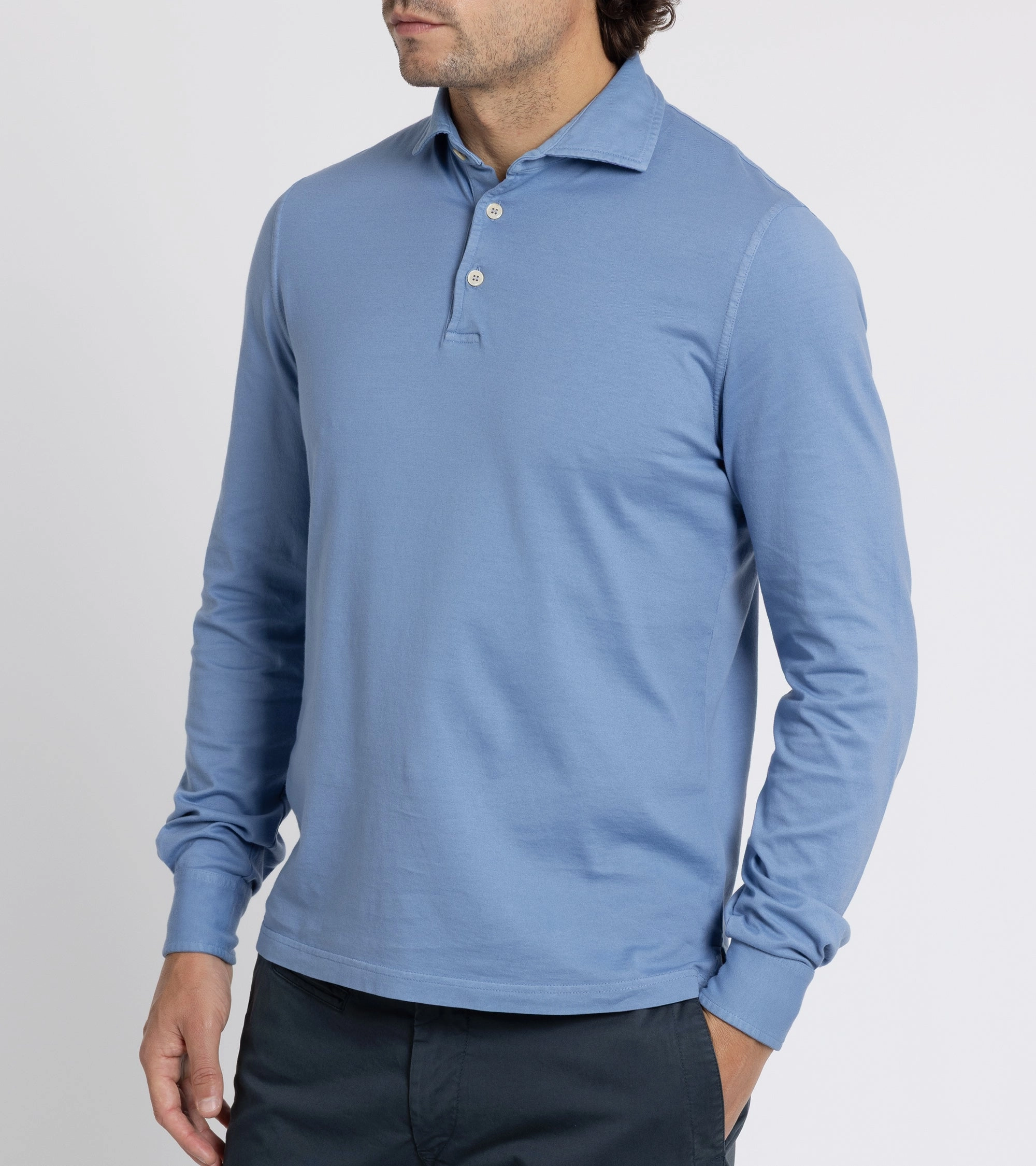 Effortless Layer Fedeli Zero Organic Cotton Jersey Long Sleeve Polo Shirt: Steel Blue