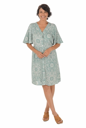 Sage Flowers Button-Front Elbow Sleeve Dress Panelled-Design Basic Mood