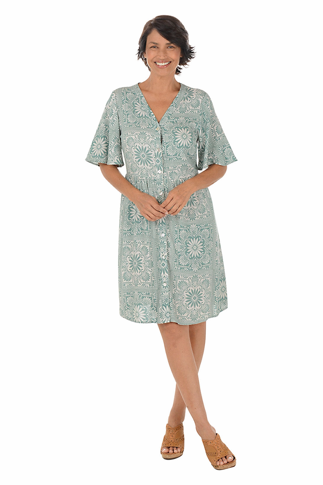 Sage Flowers Button-Front Elbow Sleeve Dress Bold Style