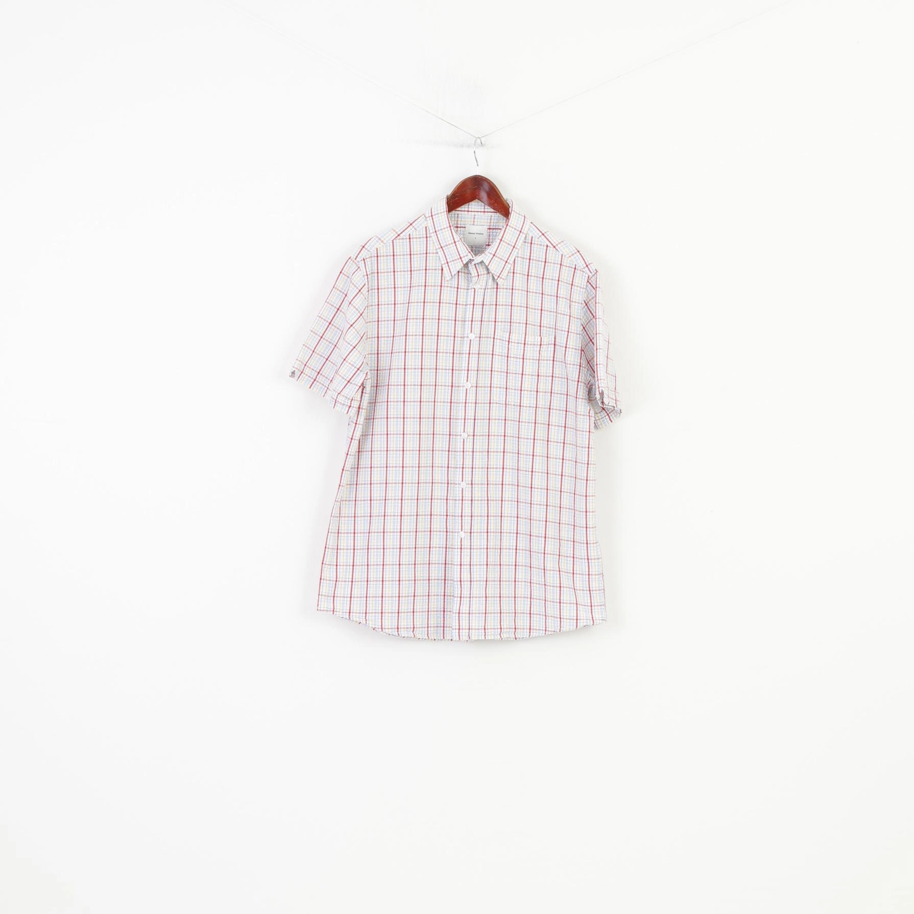 Cozy Look Wear Durable Knit Structure Samuel Windsor Men L Casual Shirt Checkered Short Sleeve Collar White Classic Cotton Top