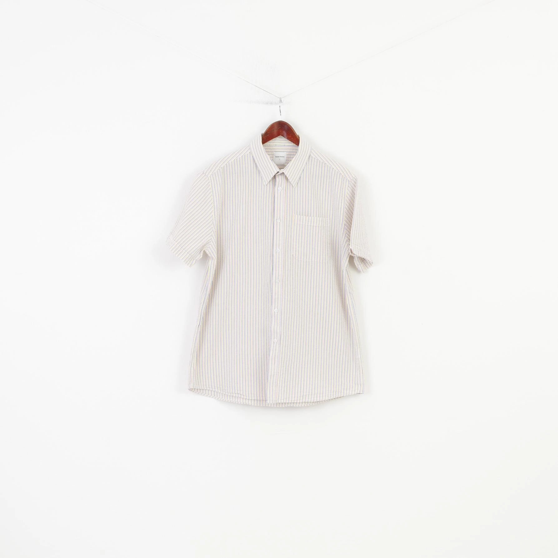 Travel Essential Stylish Wearable Samuel Windsor Men L Casual Shirt Striped Short Sleeve Collar White Classic Cotton Top