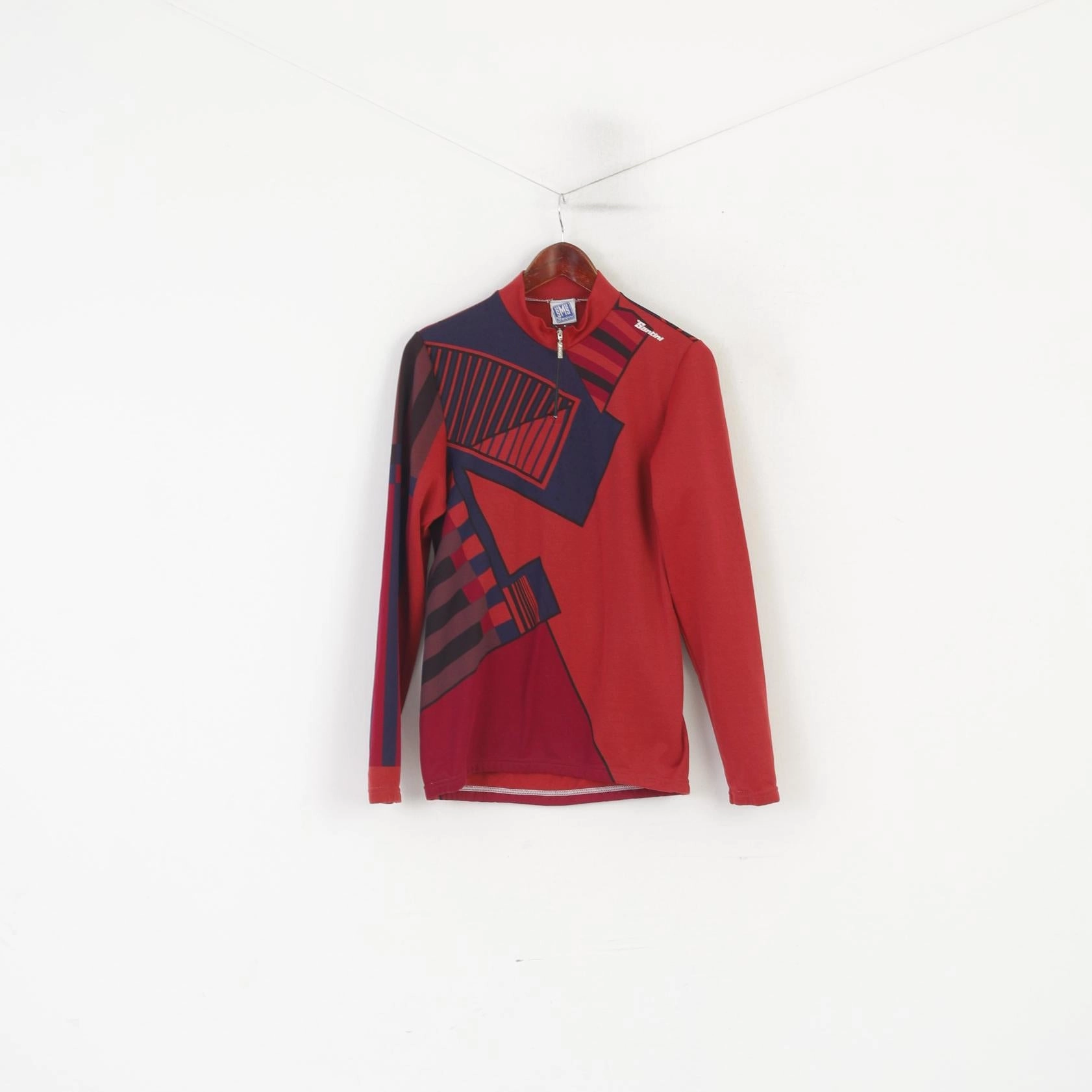 Santini Men L Cycling Shirt Maroon Vintage Italy Zip Neck Bike Wear Long SLeeve Top Fit for Any Season Side Vent Design