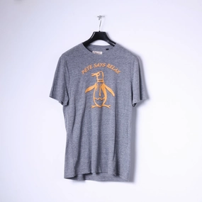 Vintage Wash Penguin Mens L T-Shirt Grey Cotton Stretch Crew Neck Graphic Relax