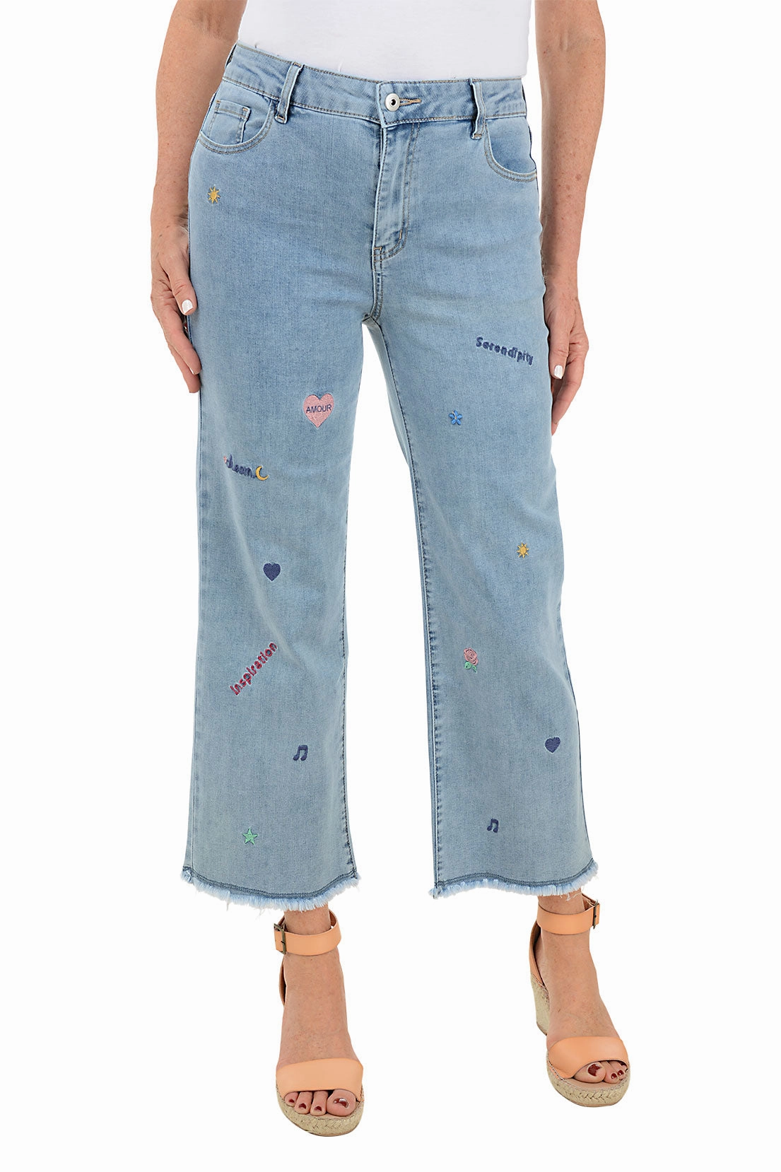Snug Fit Serendipity Embroidery Wide Leg Denim Pant
