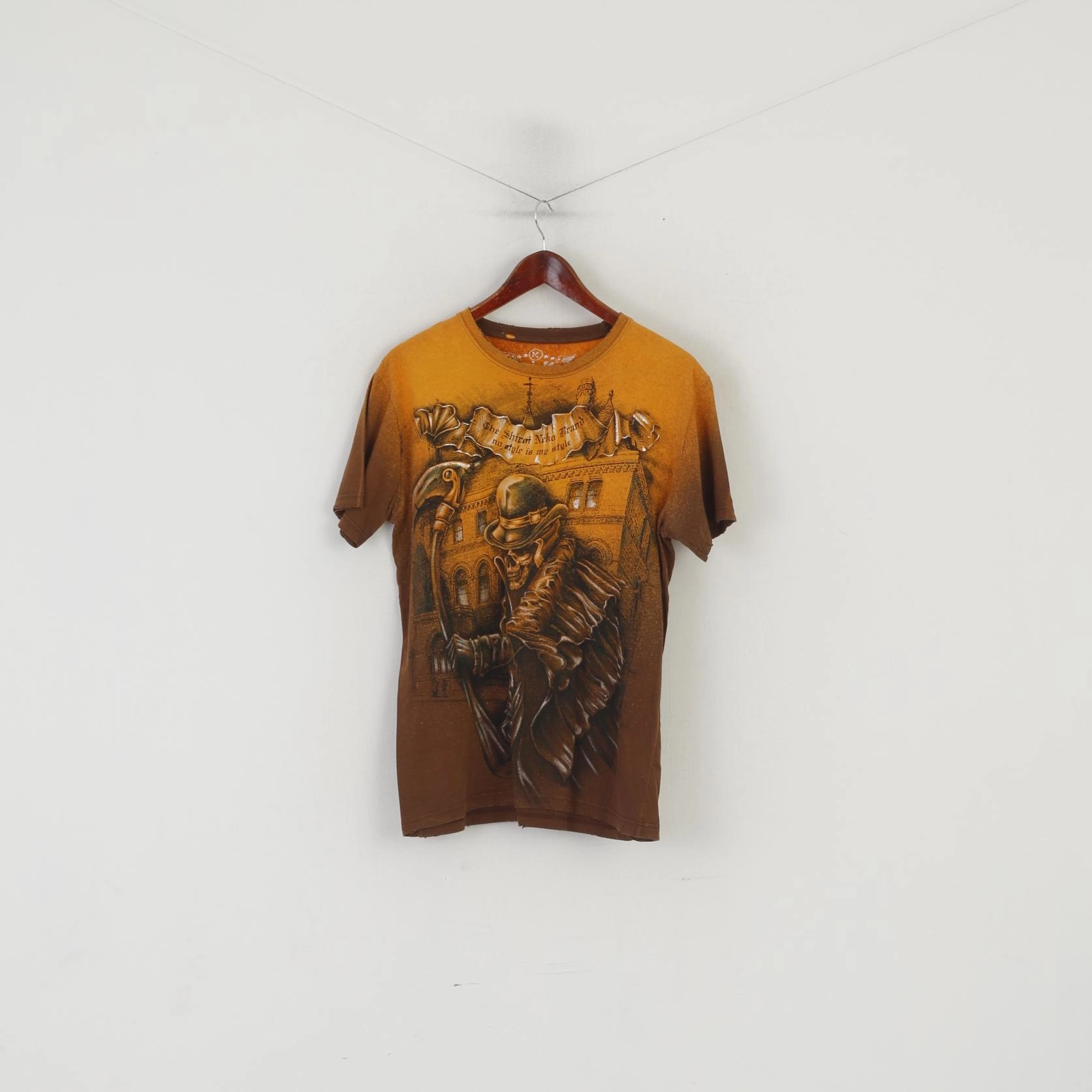 Shirai Neka Men M Shirt Orange Cotton Vintage Skull Scythe Crew Neck Top Simple and Light right size