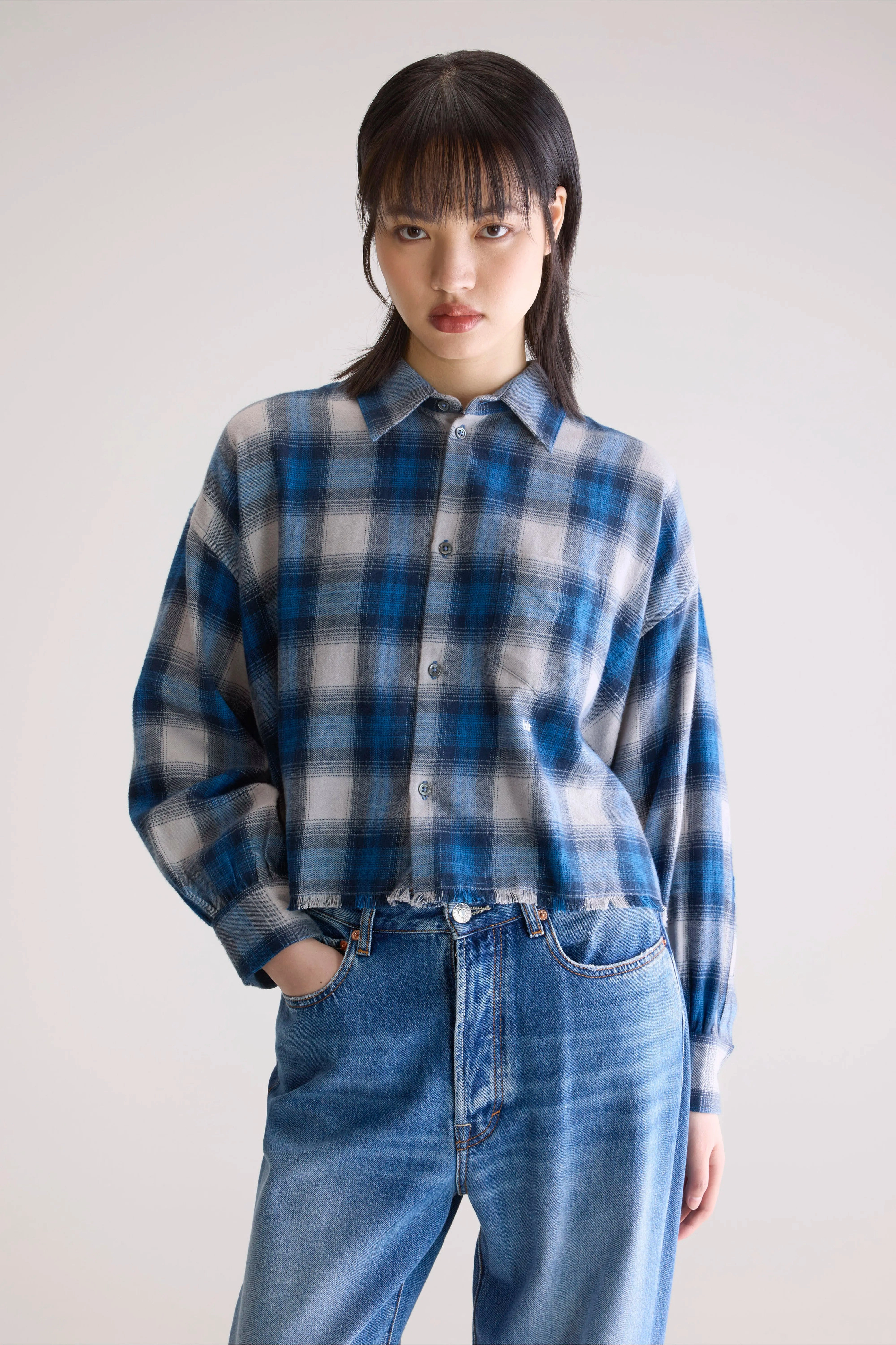Kraft cropped shirt (252 / W / CHECK A) Cuffed Sleeves Simple Style
