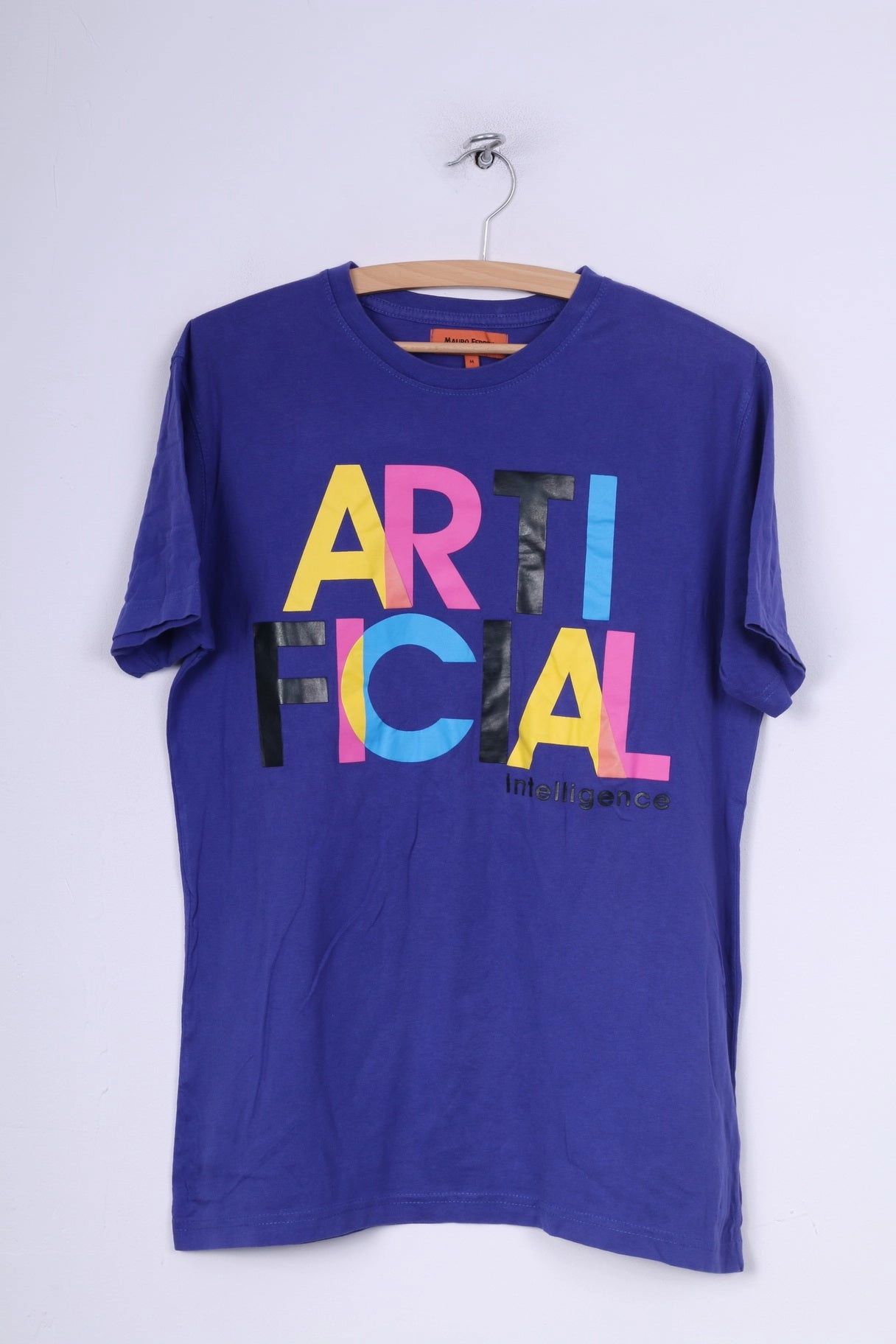 print design Formal Elegance Mauro Ferrini Mens M T-Shirt Purple Crew Neck Graphic Cotton Arti Ficial Intelligence Summer Top