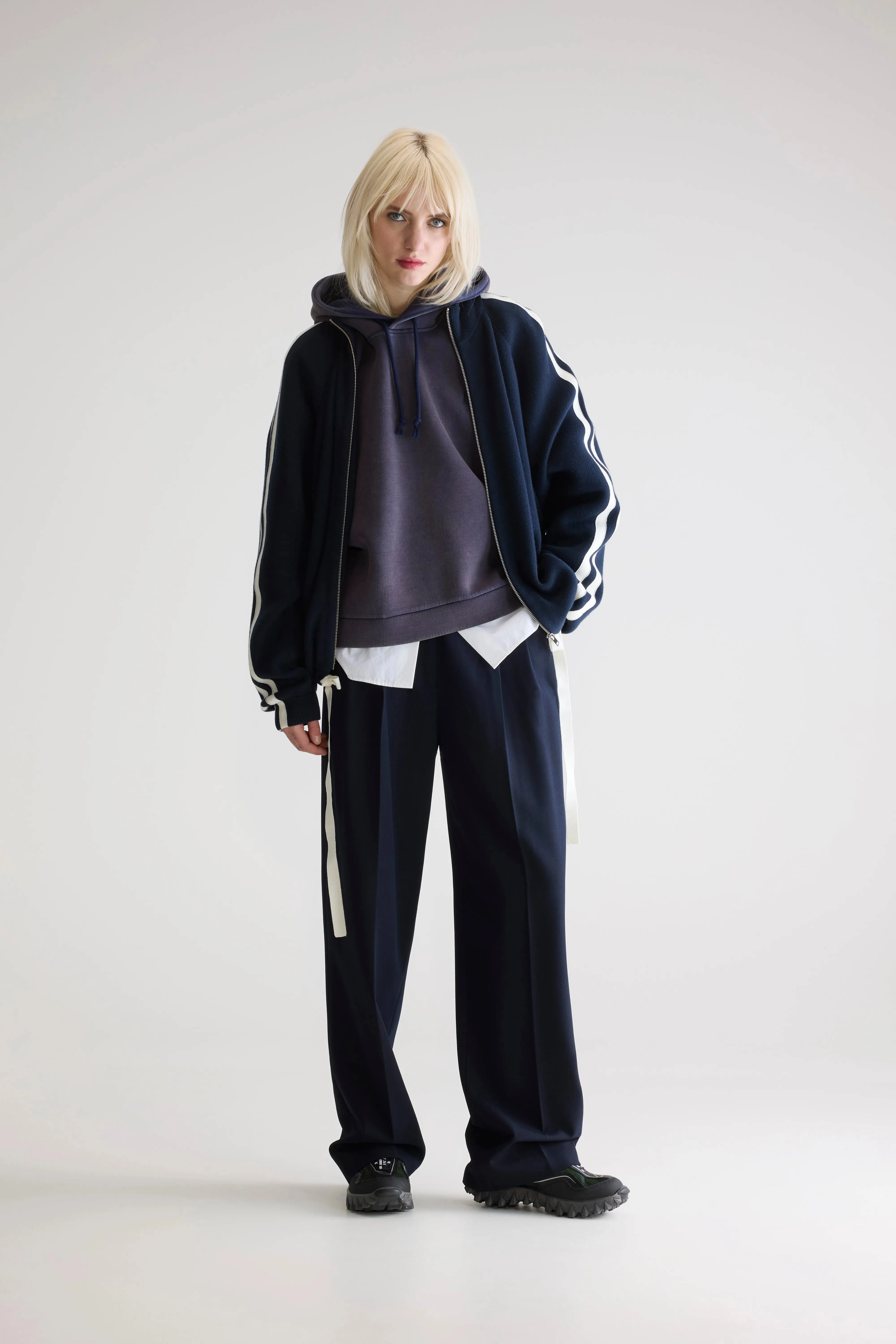 Angik zip-up cardigan (252 / W / NAVY) Layered Edging