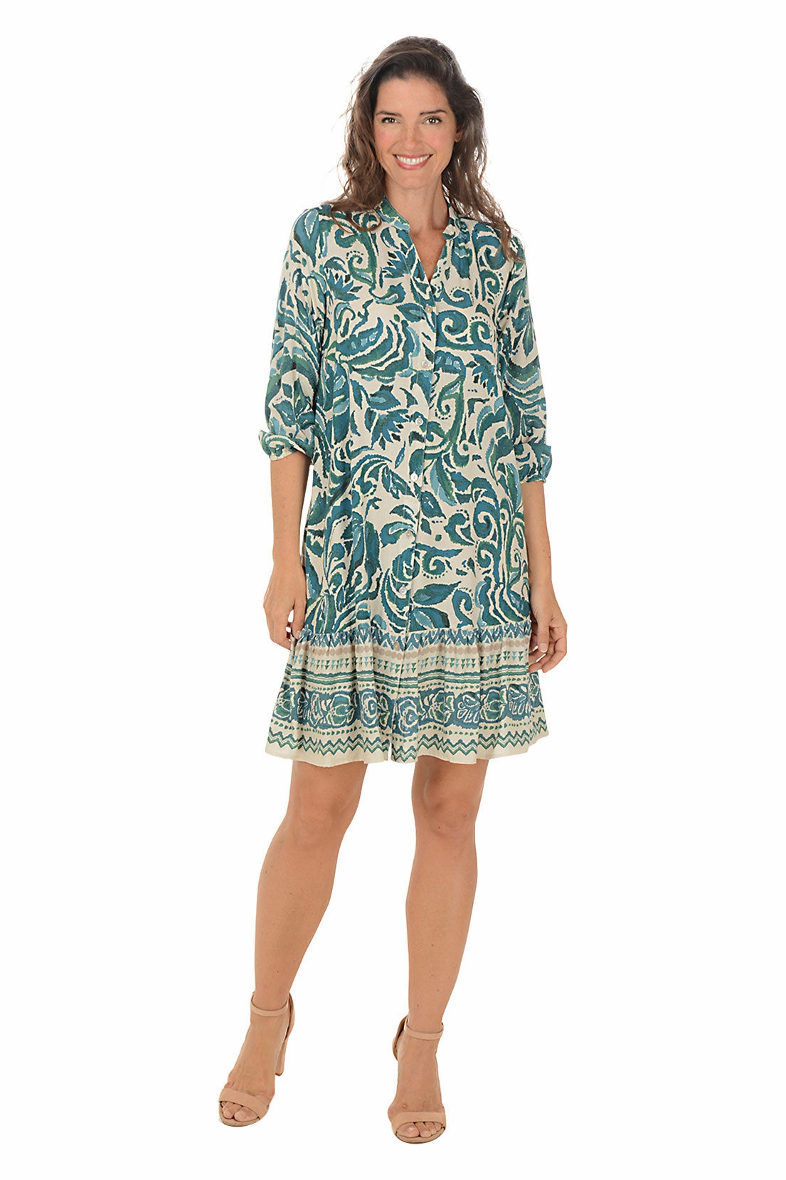 Damask Flower Tiered Button-Front Dress Cool Comfort