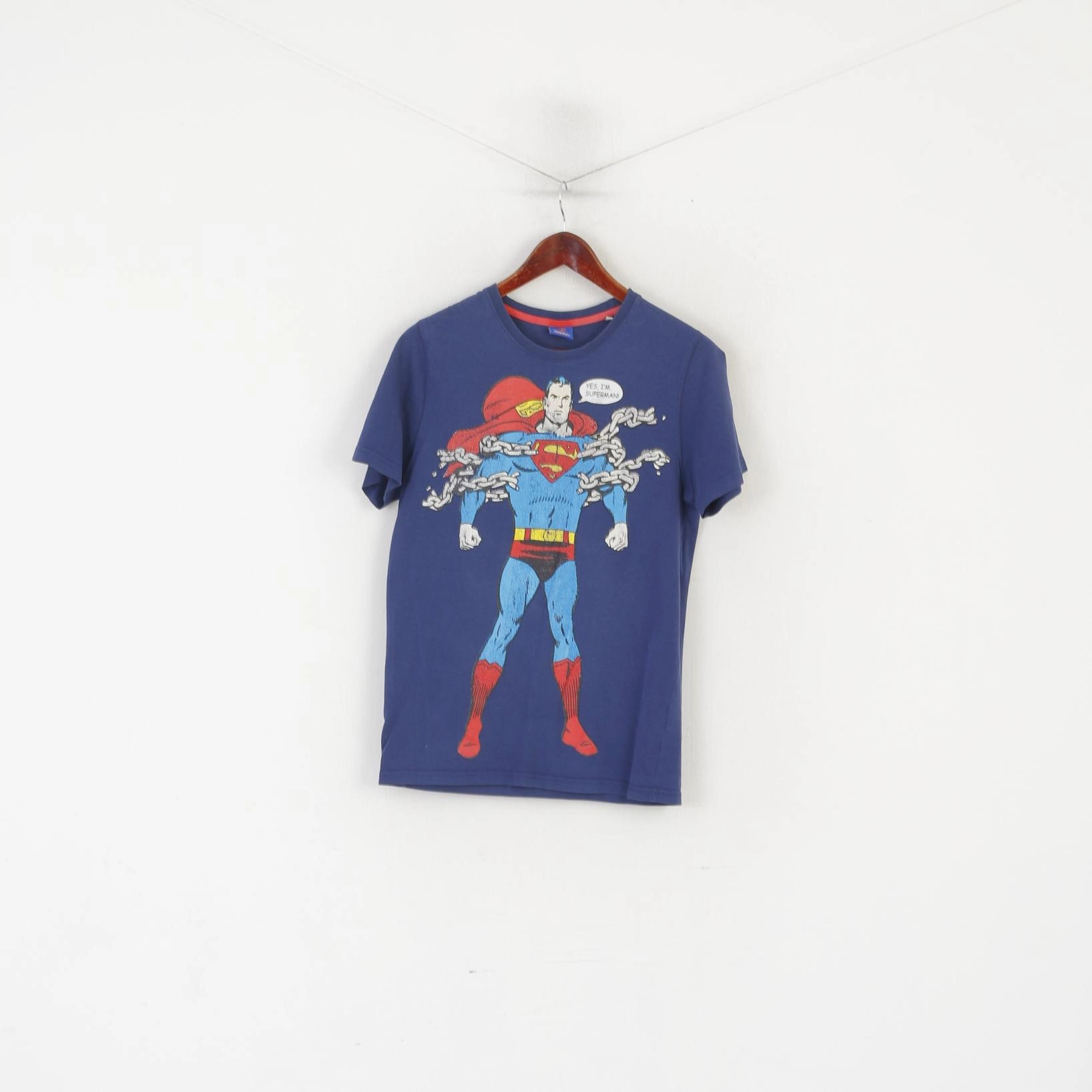 Superman DC Comics Men M (S) Shirt Navy Cotton Graphic Superhero Crew Neck Top Double Stitched Hem