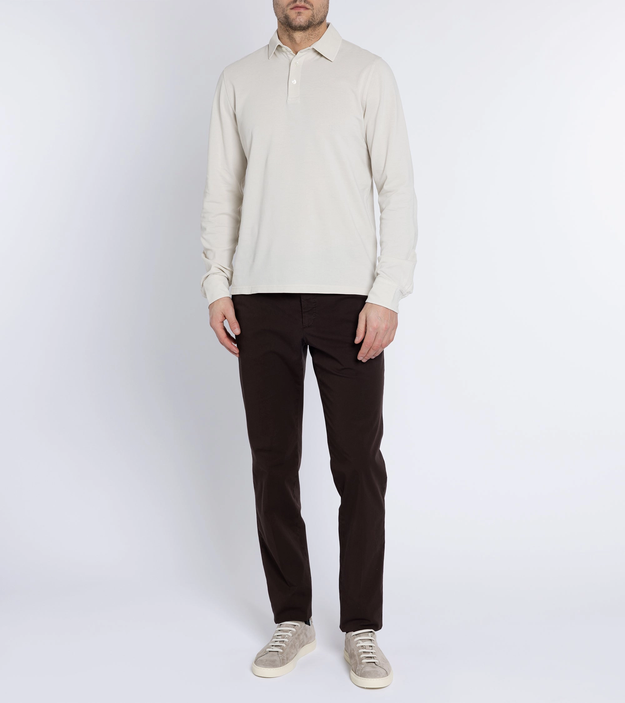 WrinkleResistant Finish Trunk Moxon Long Sleeve Polo Shirt: Cream