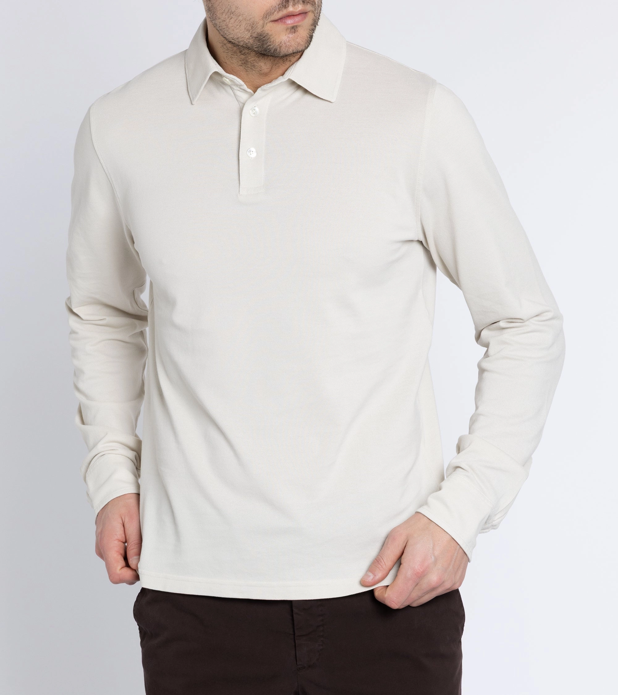 Lightweight Design Double Layer Shoulder Trunk Moxon Long Sleeve Polo Shirt: Cream