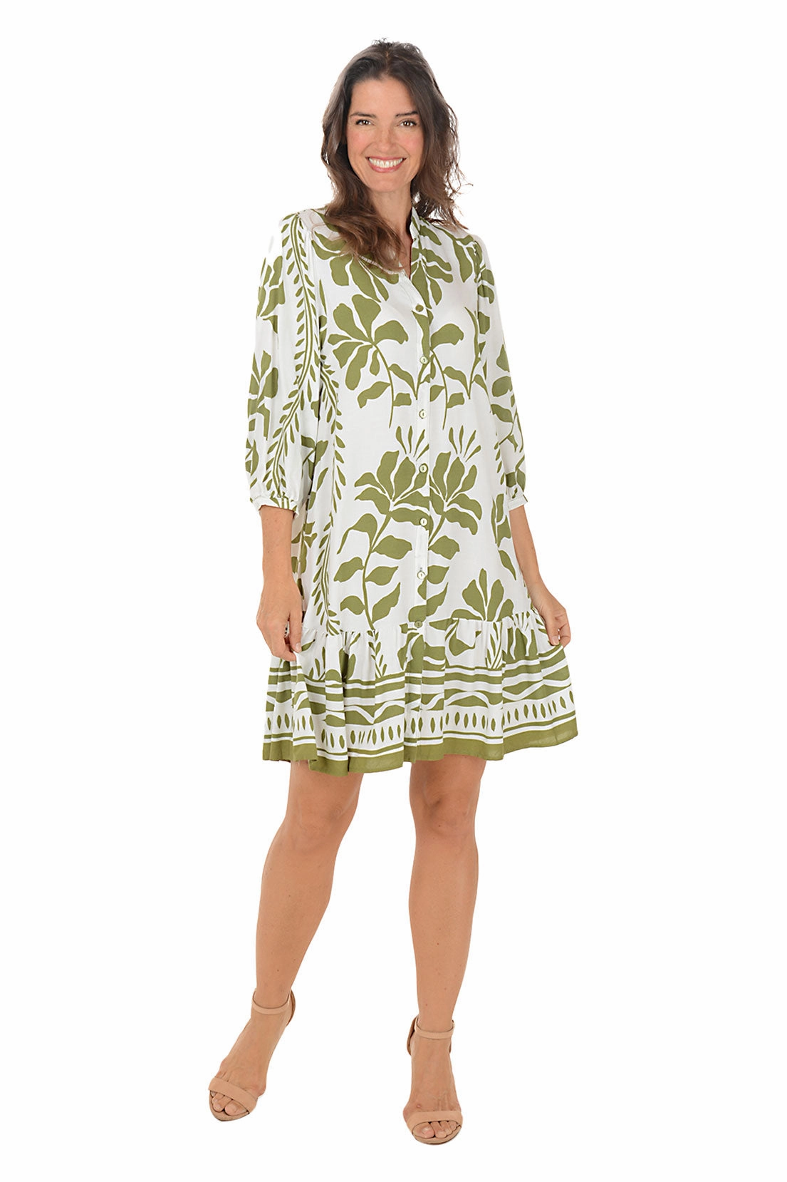 Shape Hug Light Soft Flowering Vine Tiered Button-Front Dress