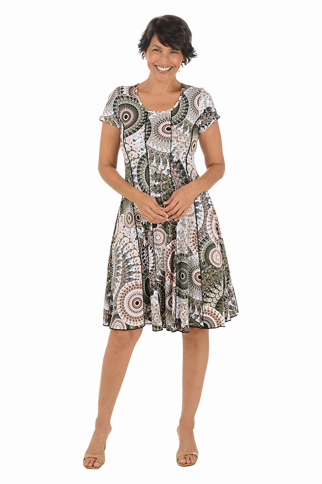 City Layers Polite Color Spiral Puff Print Seamed Dress