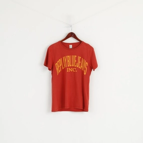 Replay Men M Shirt Orange Graphic Cotton Crew Neck Blue Jeans Summer Top Quick Dry Wear Oversized Fit