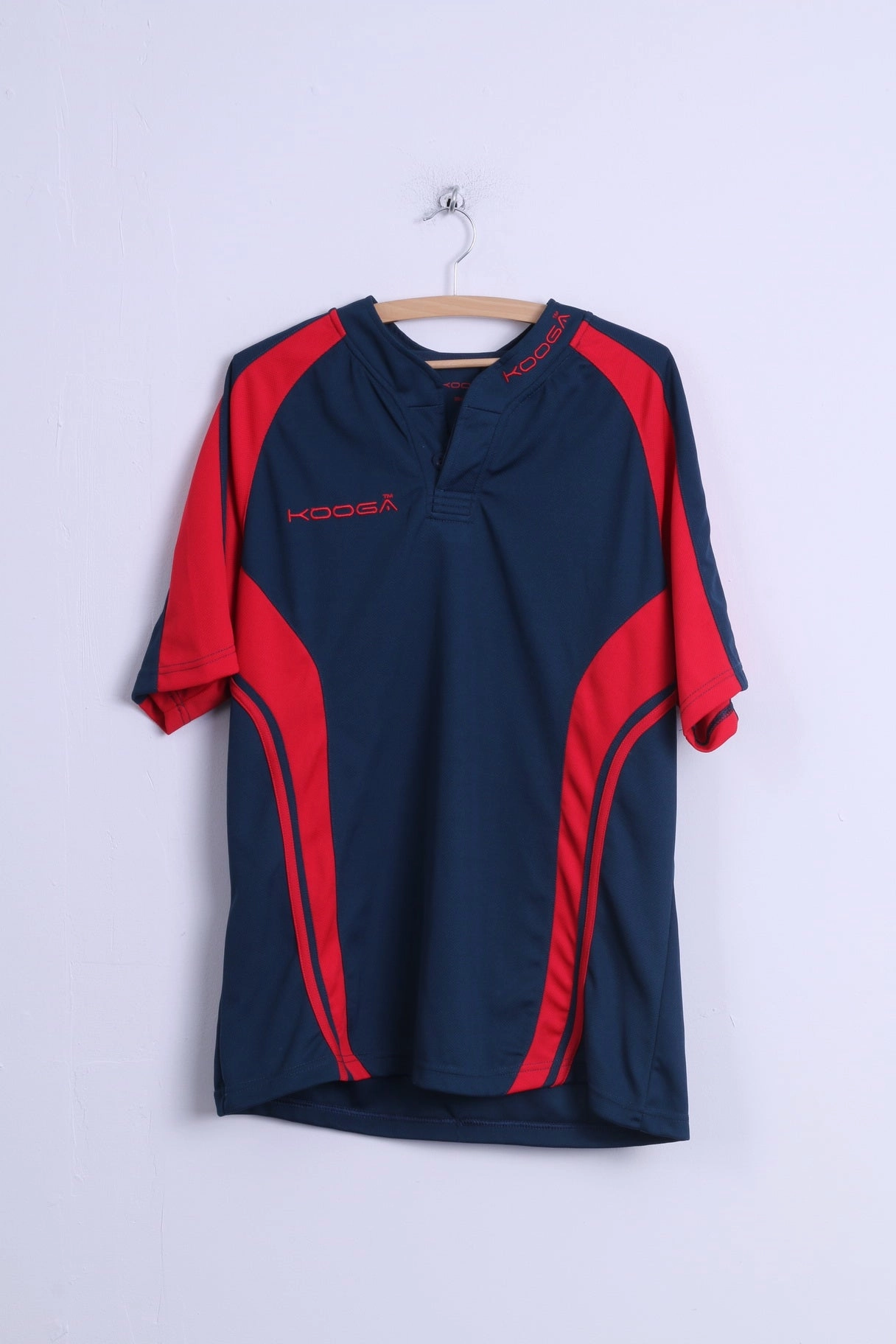 Multi Directional Stretch KOOGA Mens L Shirt Navy Red Rugby Button Neck # 10 Old Gittonians Jersey Top