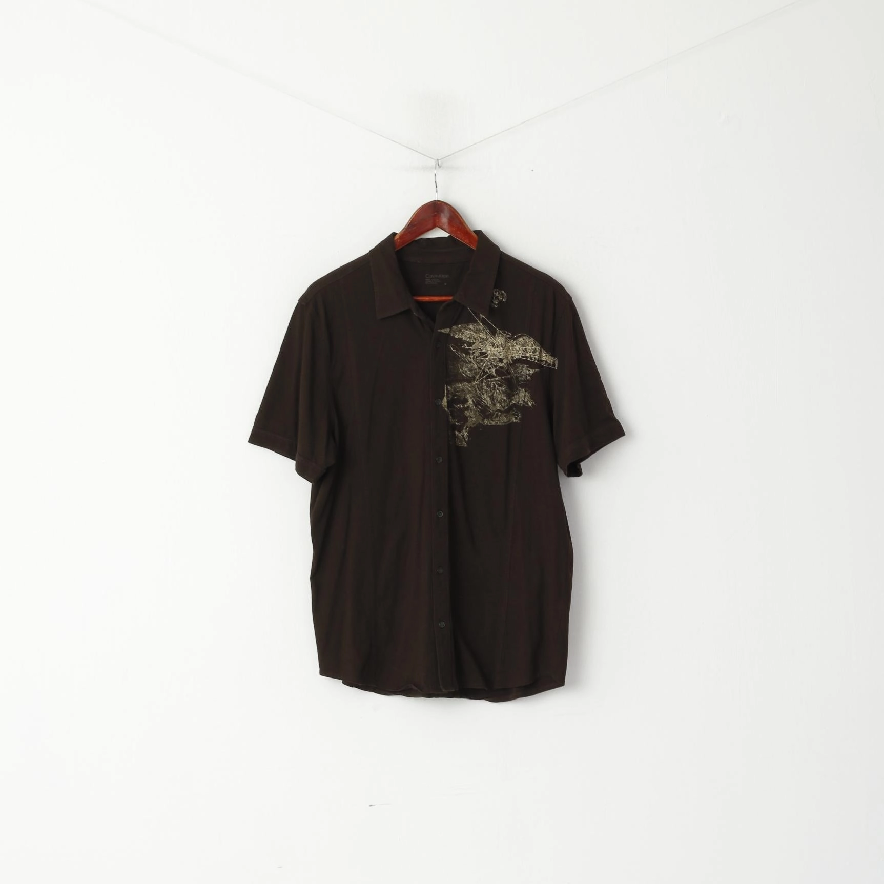 Calvin Klein Men M Casual Shirt Brown Cotton Stertch Graphic Detailed Button Top Comfy and Soft