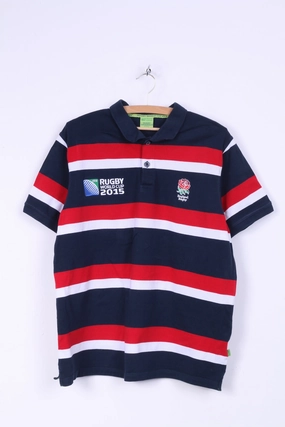 Trendy Comfort Wear Rugby World Cup 2015 Mens XL Polo Shirt Navy Striped Cotton Blue Striped Detailed Buttons