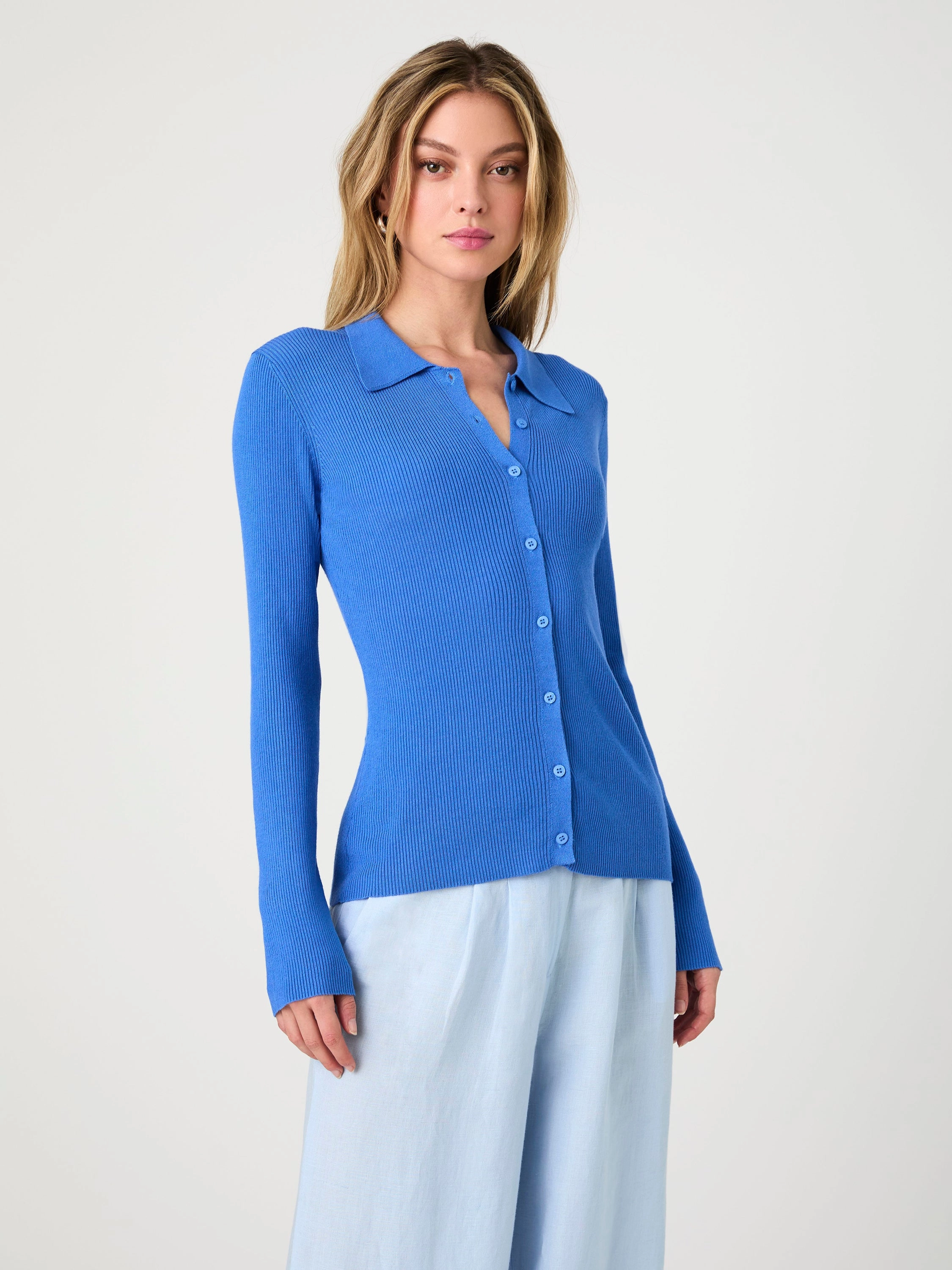 Cold Look Layered Edge Trim Nadina Collared Knit Top
