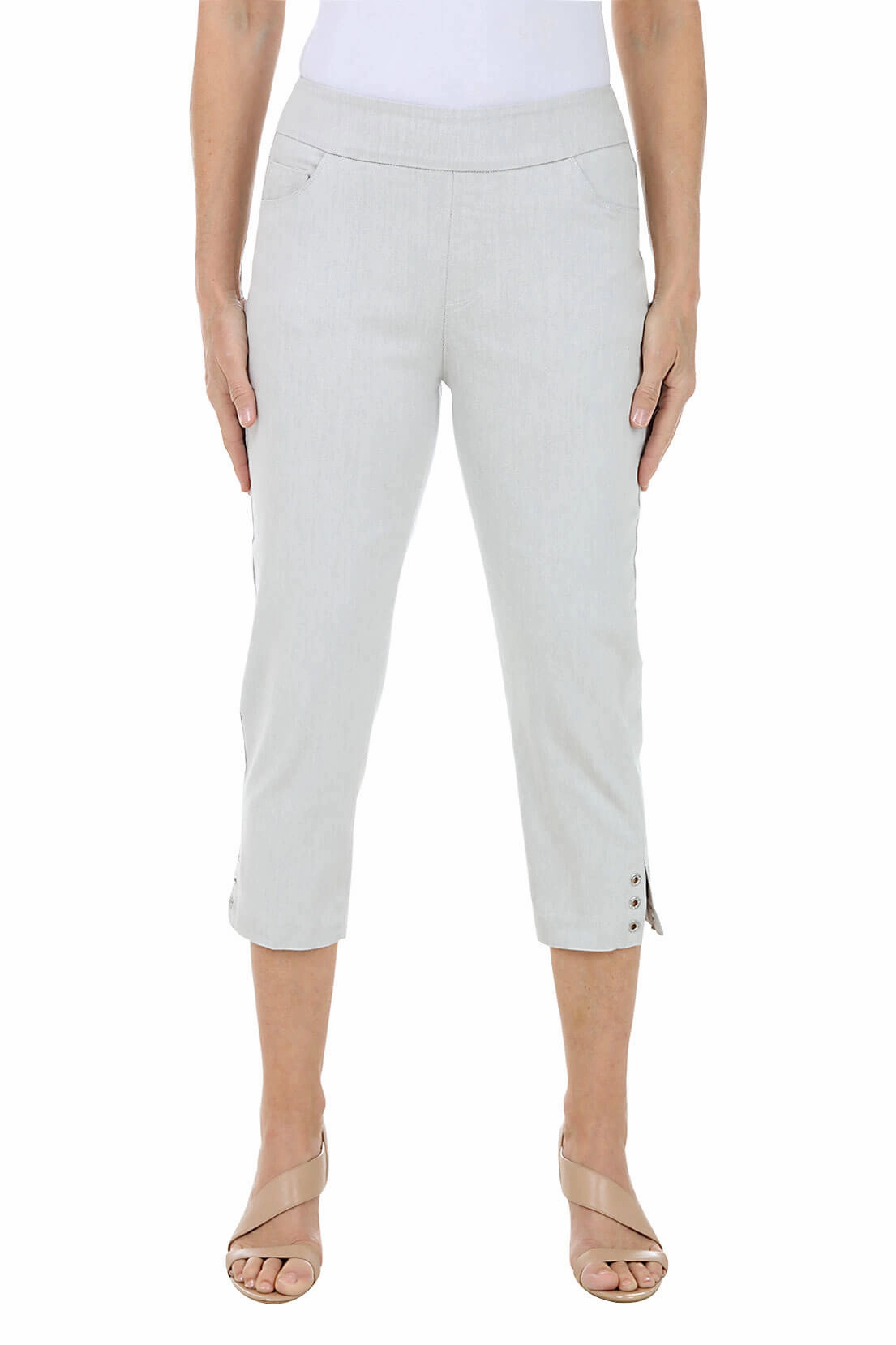 Quick Access Pockets Pull-On Rhinestone Denim Capri Pant