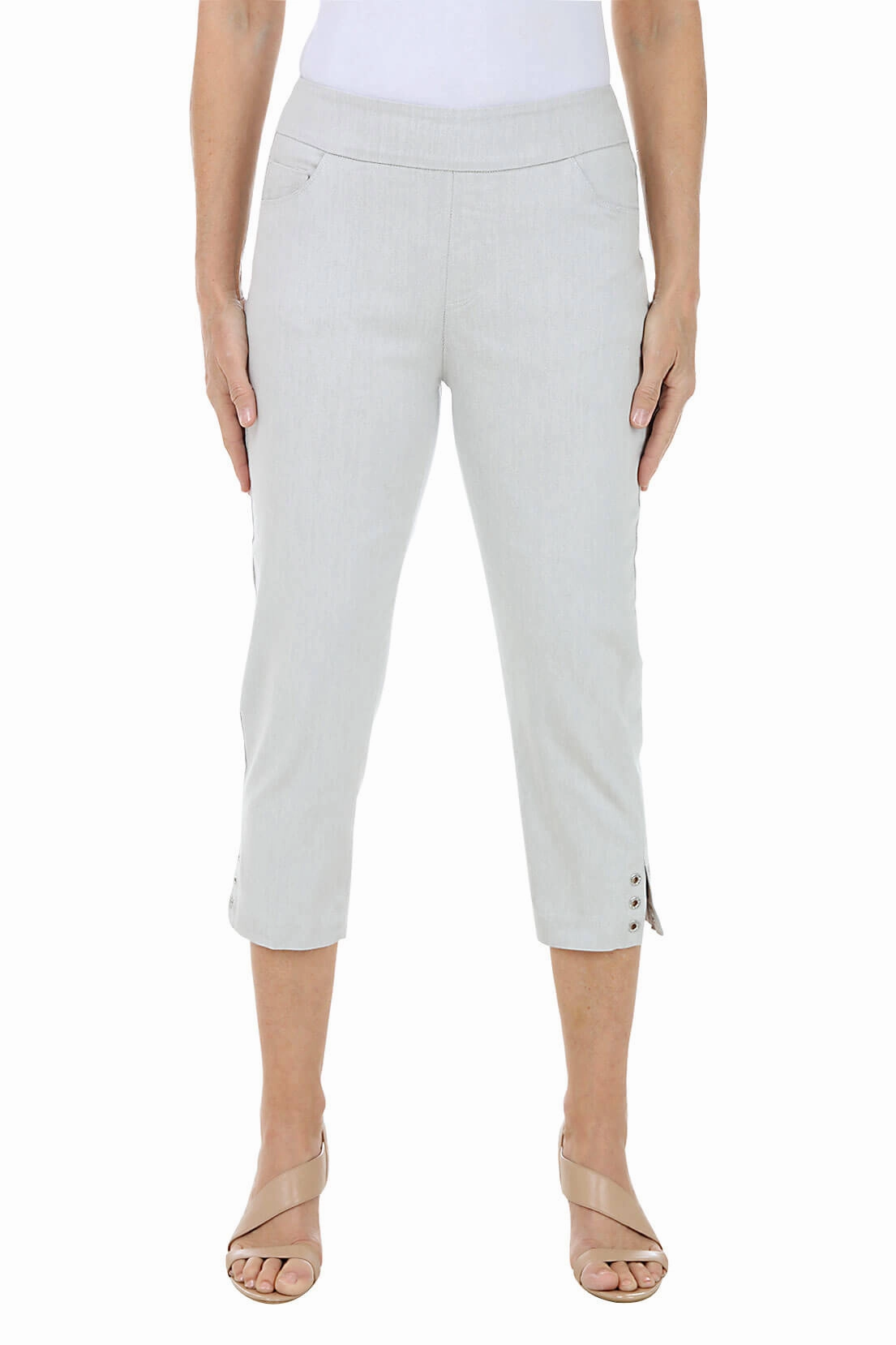 Pull-On Rhinestone Denim Capri Pant Breathable Waistband Stain Repellent Coating