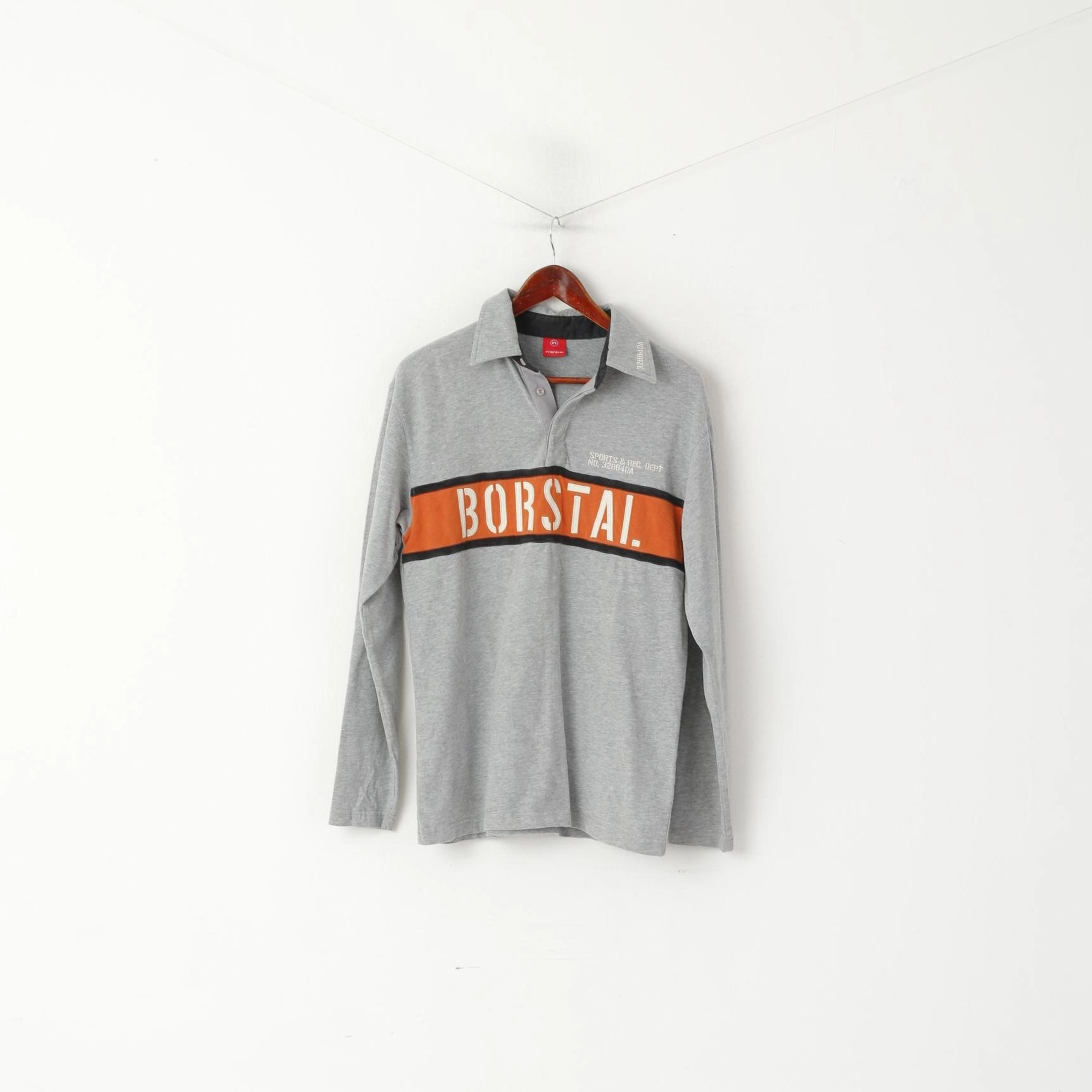 Seamless Edging Fashion Essential Ringspun Men M Polo Shirt Gray Cotton Borstal Long Sleeve Casual Top