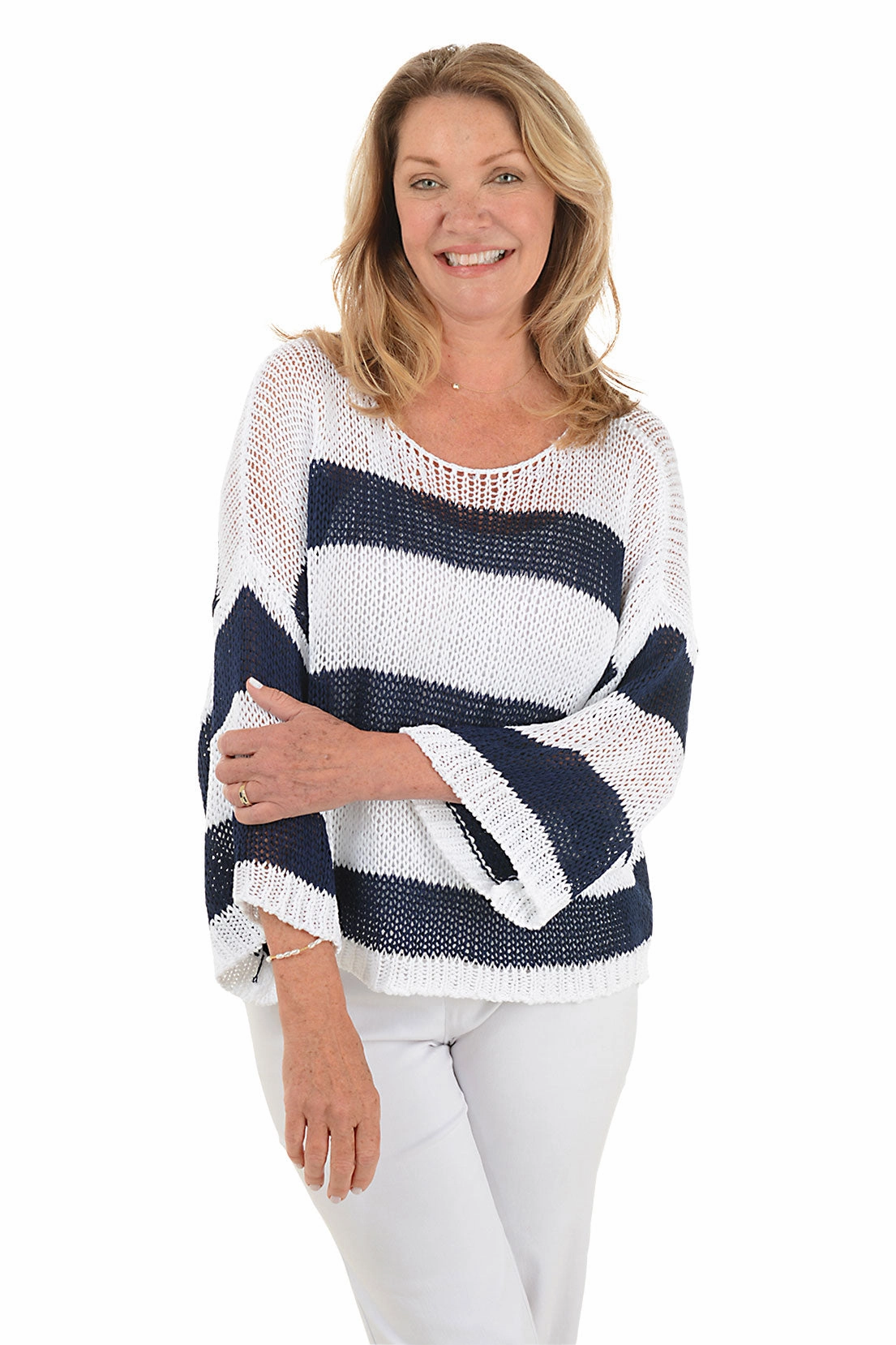 Reinforced Seams Striped Dolman Sleeve Open Weave Sweater