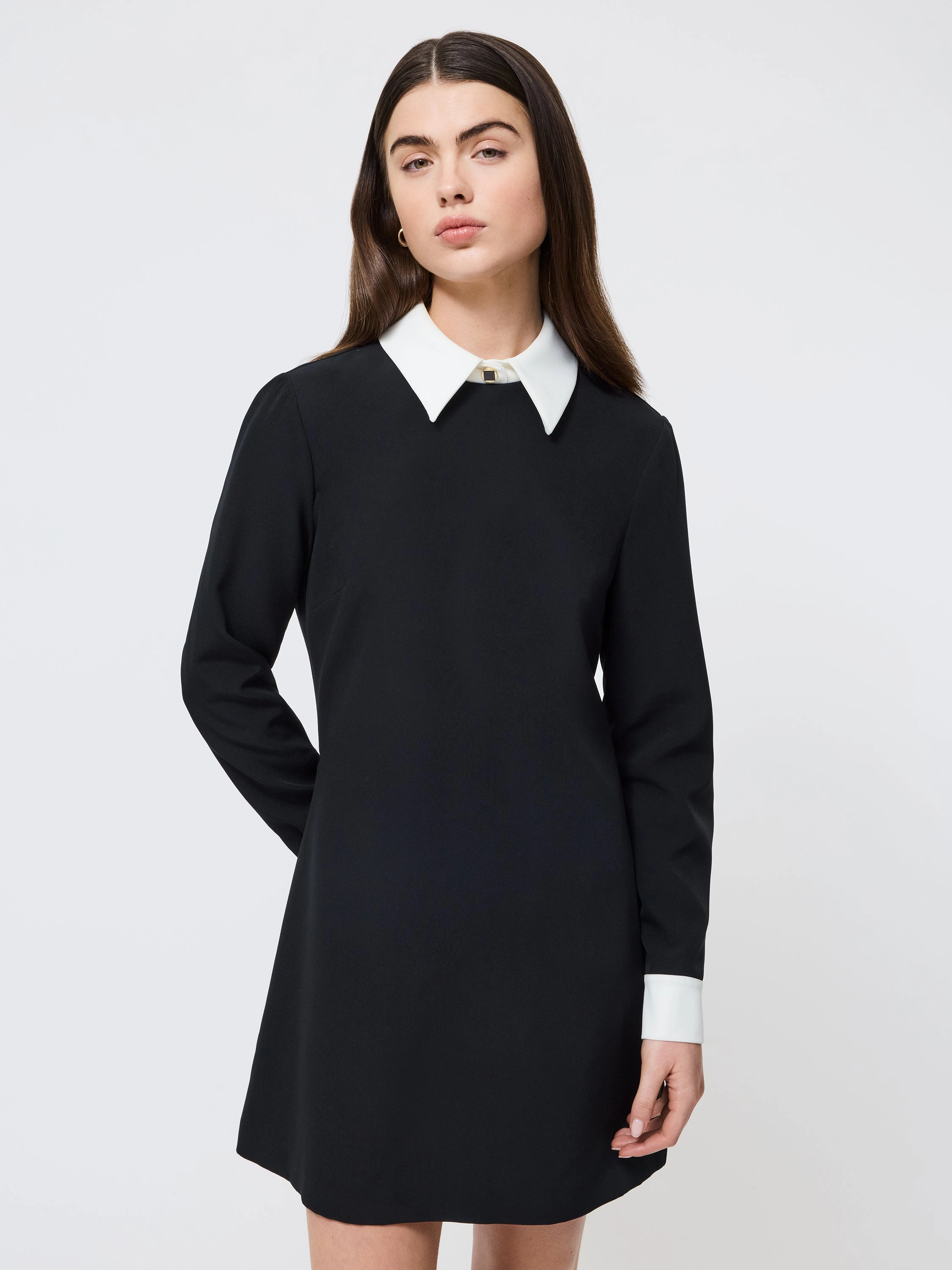 Dropped-Waist Echo Long Sleeve Collared Dress