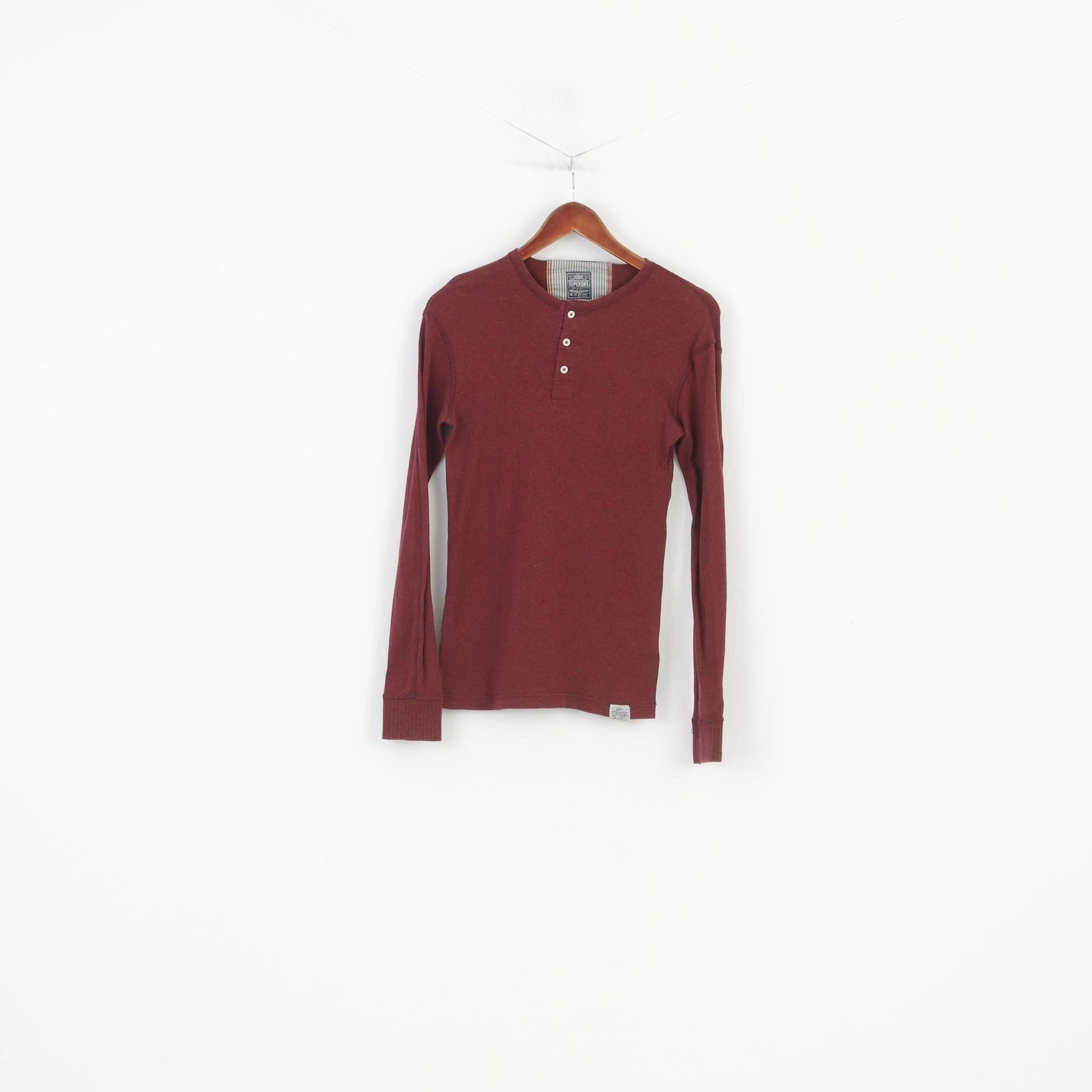 Superdry Men S Shirt Burgundy Cotton Japan Stretch Long Sleeve Crew Neck Top Anti Pilling Surface Cozy Wear
