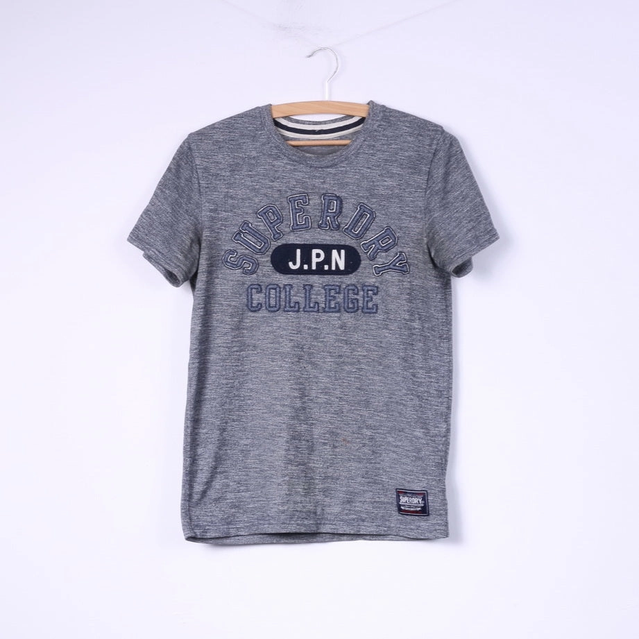 Superdry Mens S T-Shirt Grey Cotton Top J.P.N College Top Crew Neck Raw Hem Finish Preppy