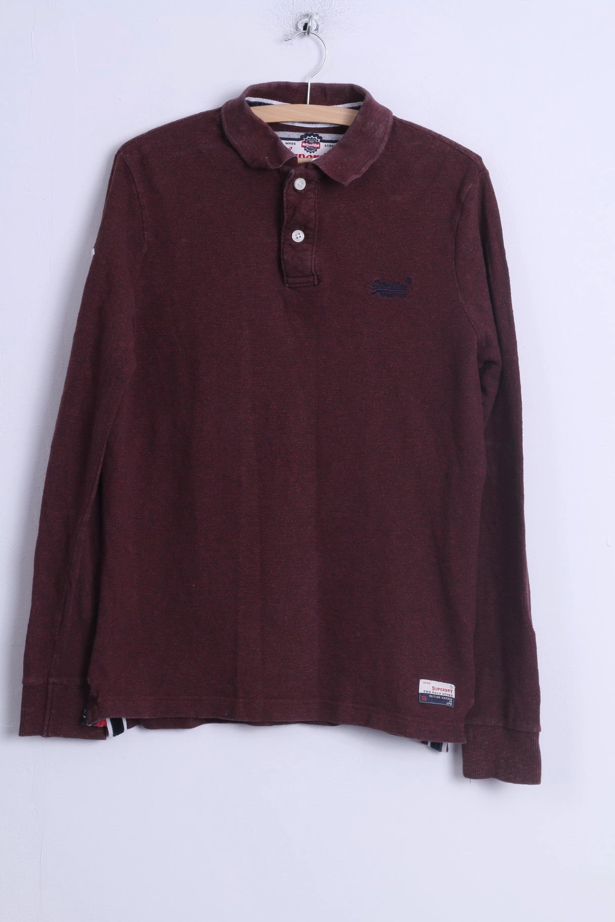 Superdry Mens XL (M) Polo Shirt Burgundy Cotton Long Sleeve Detailed Buttons Japan Moisture Management Technology