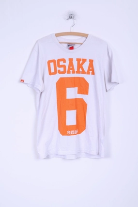 Superdry Mens XL T-Shirt White Cotton OSAKA Japan Shirt Light Stretch Comfort Style