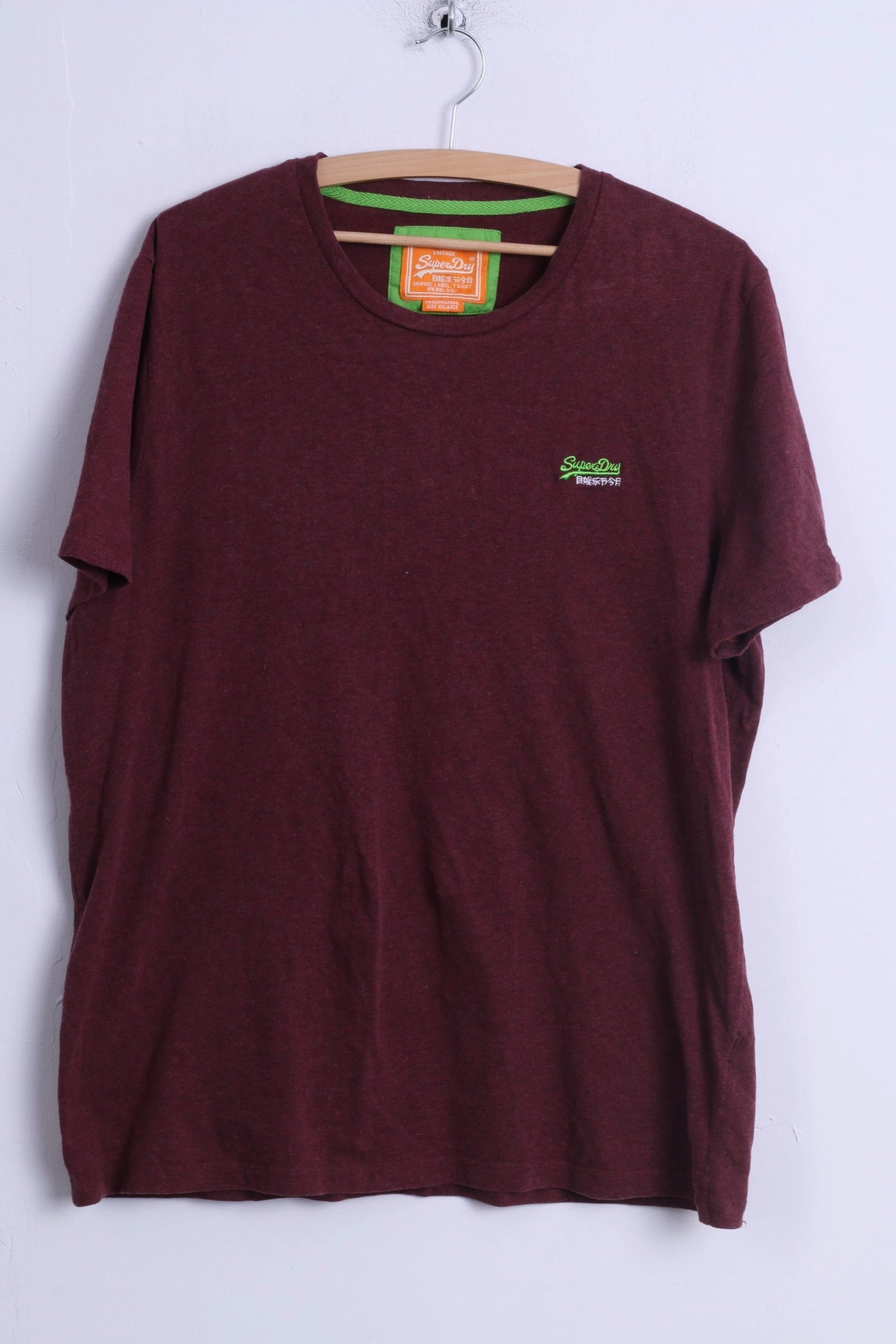 Superdry Mens XXL (L) T-Shirt Burgundy Cotton Crew Neck Japan Vintage Shirt warm weather Chilly Layer