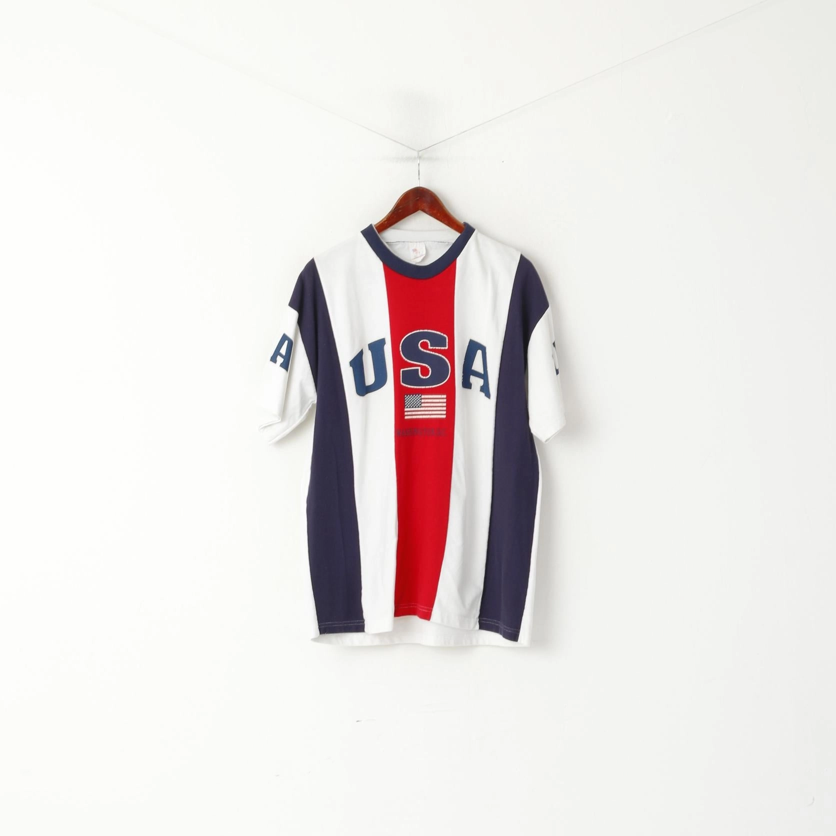 T's By DC Men XL Shirt White Striped Cotton USA Washington Crew Neck Top safe for skin Regular Fit