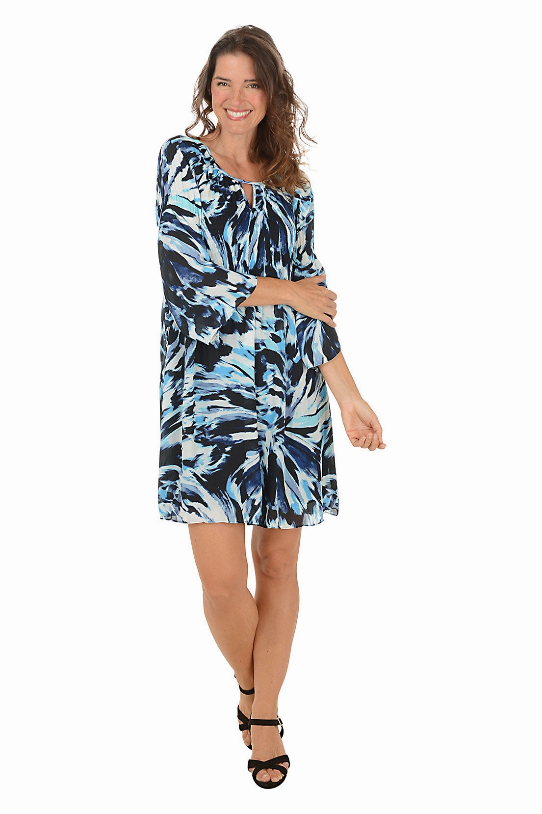 Non-Iron Elegant Silhouette Shoreline Seafoam Keyhole Neck Pleated Dress